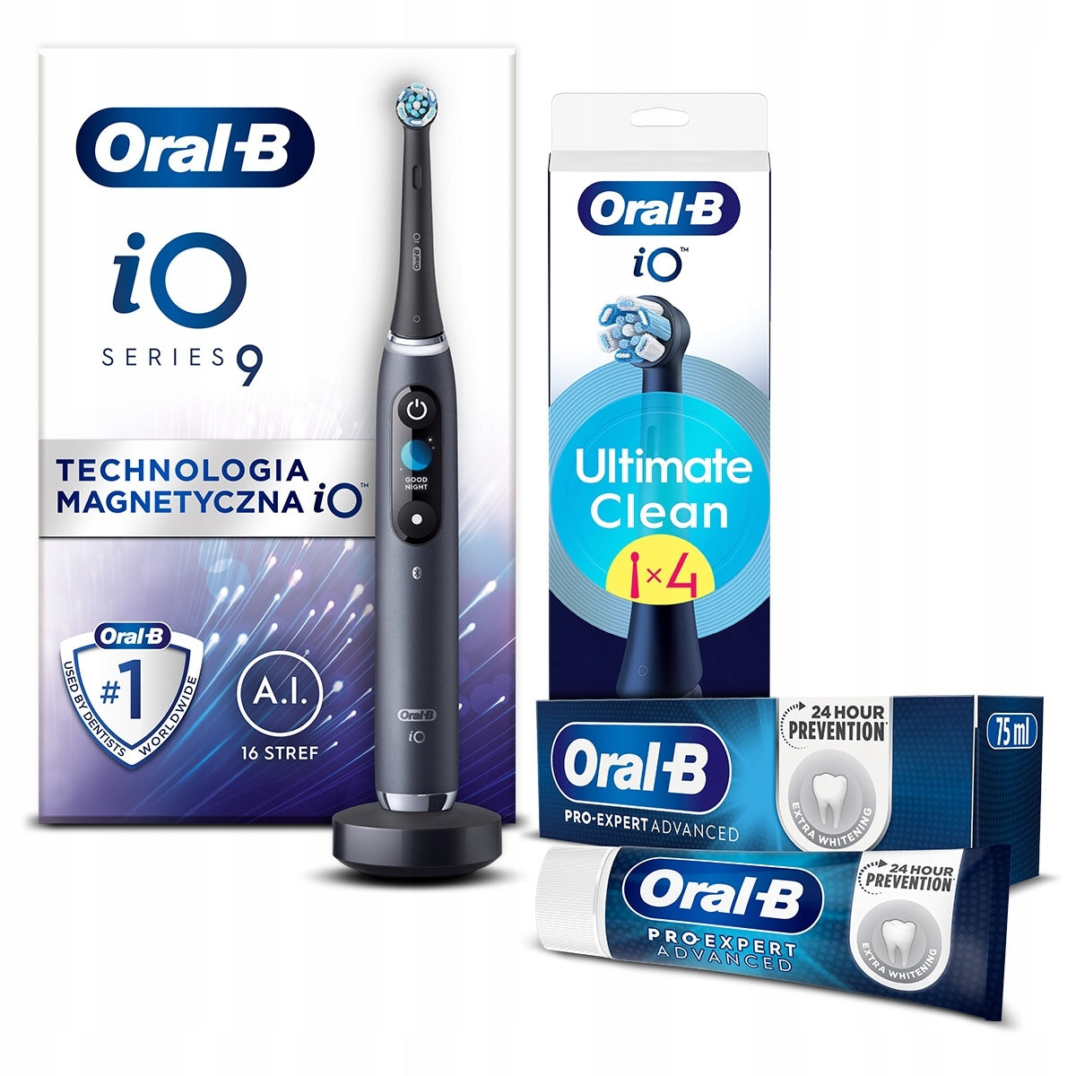 Oral-B: iO9 toothbrush, iO Ultimate Clean tips 4 pcs, Toothpaste