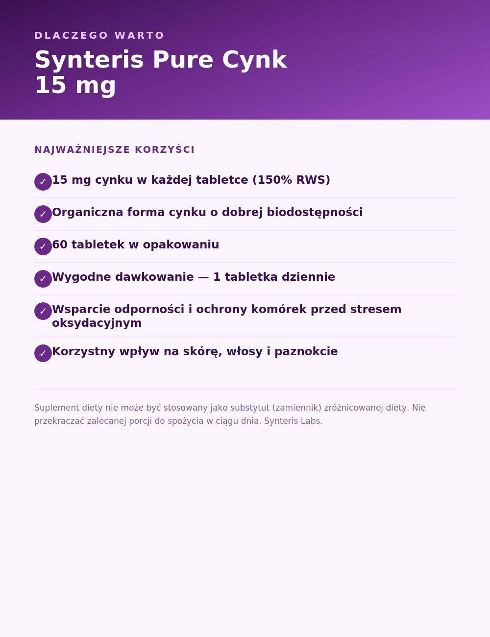 Organic Zinc 15 mg for Skin Hair Nails Synteris Pure 60 Tablets Packaging status original