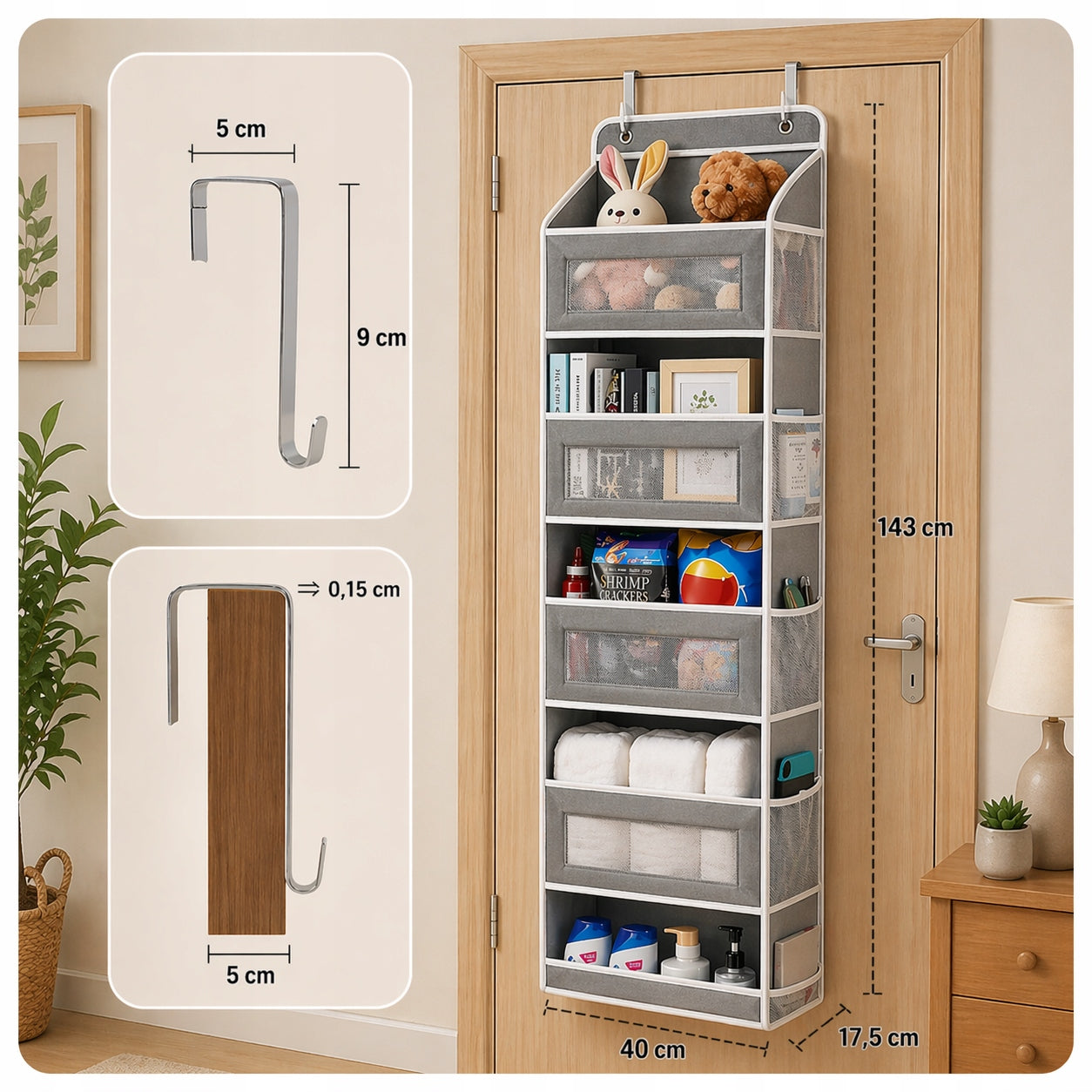 Organizer Hanging Bookcase For Door Cabinet Toys Clothes 5 Shelves Grey Brand no brand