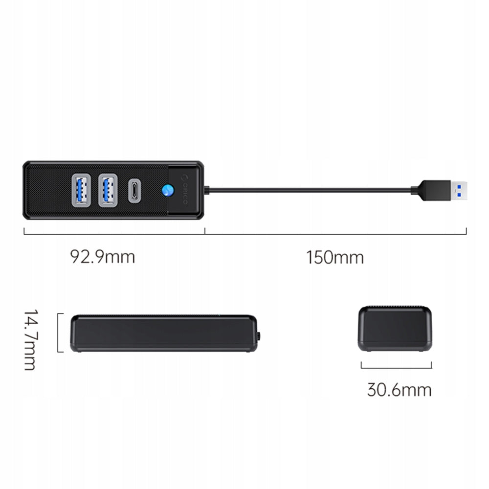 Orico Hub USB zu 2x USB 3.0 + USB-C, 5 Gbit/s, 0,15 m (Schwarz)