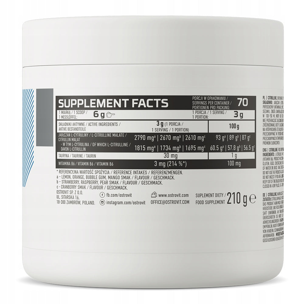 OstroVit Citrulline 210 g Citrulline Malate 2670 mg RASPBERRY PRE WORKOUT Packaging status original