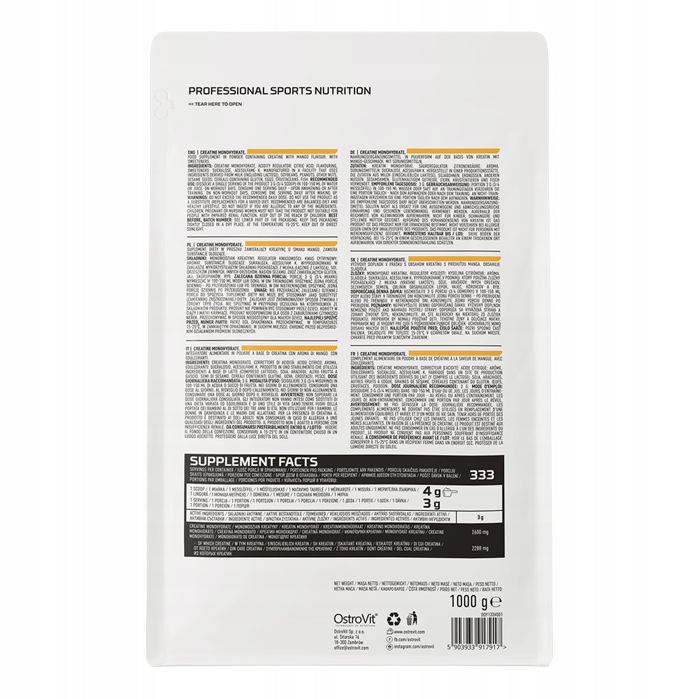 OstroVit Creatine Monohydrate 1000 g Creatine Monohydrate 333 Servings Expiration date at least 1 year from the date of purchase
