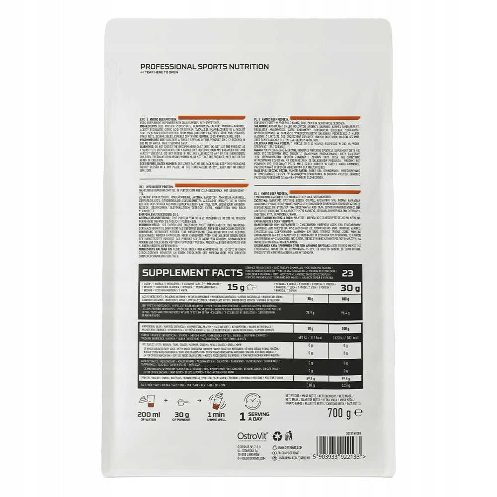OstroVit Hydro Beef Protein 700 g Beef Protein Hydrolyzate AMINO ACIDS Cola Expiration date at least six months from the date of purchase