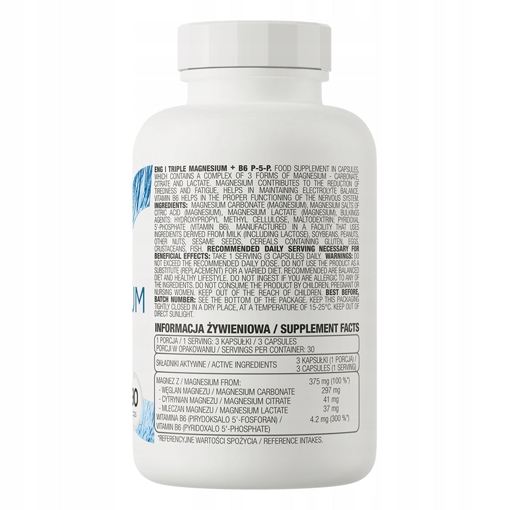 OstroVit MAGNESIUM + B6 90 kaps THREE ACTIVE FORMS CARBONATE Lactate Citrate Packaging status original