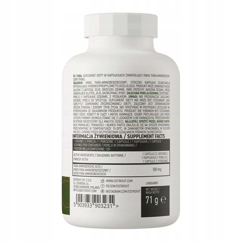 OstroVit PABA VEGE 120 kaps Para-aminobenzoic acid 500 mg VITAMIN B10 Expiration date at least 1 year from the date of purchase