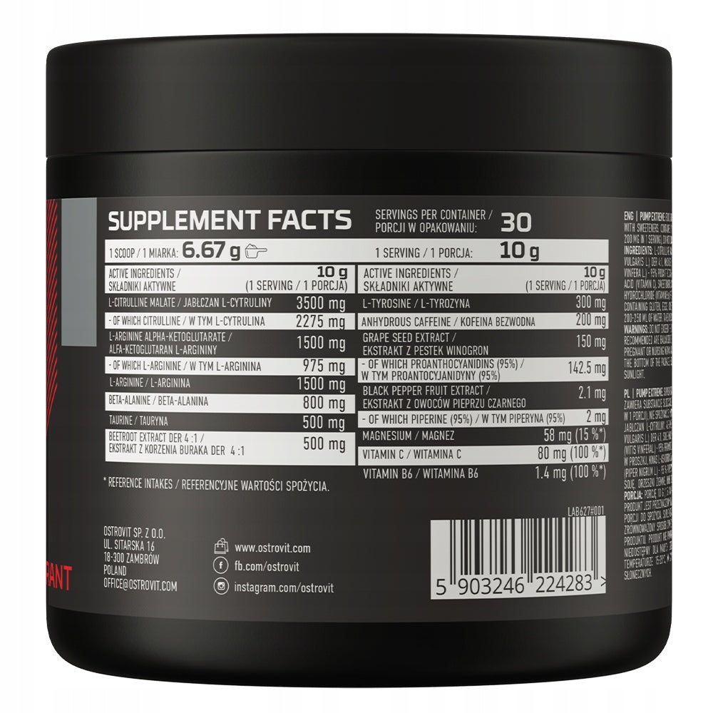 OstroVit Pump Extreme 300 g Pre-workout with Caffeine PUMP STIMULATION Expiration date at least six months from the date of purchase