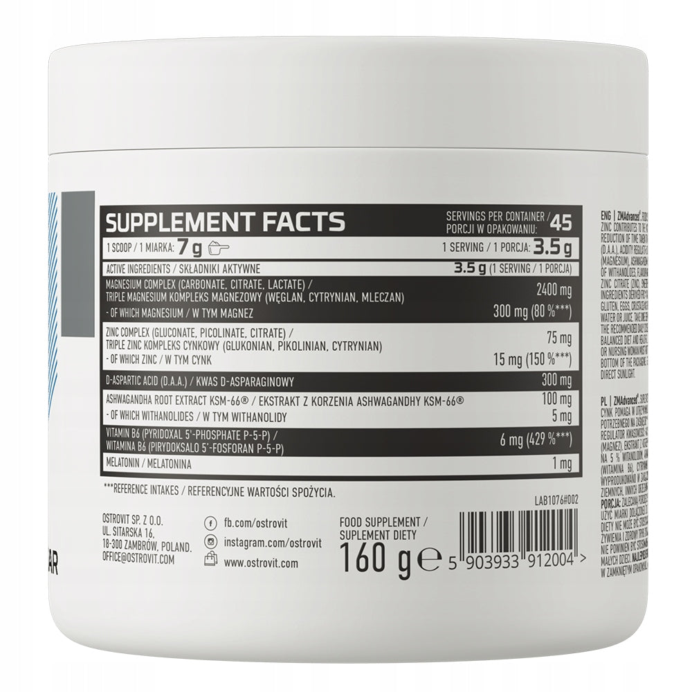 OstroVit ZMA 160 g Magnesium Zinc Triple Form Ashwagandha Melatonin DAA B6 Expiration date at least 1 year from the date of purchase