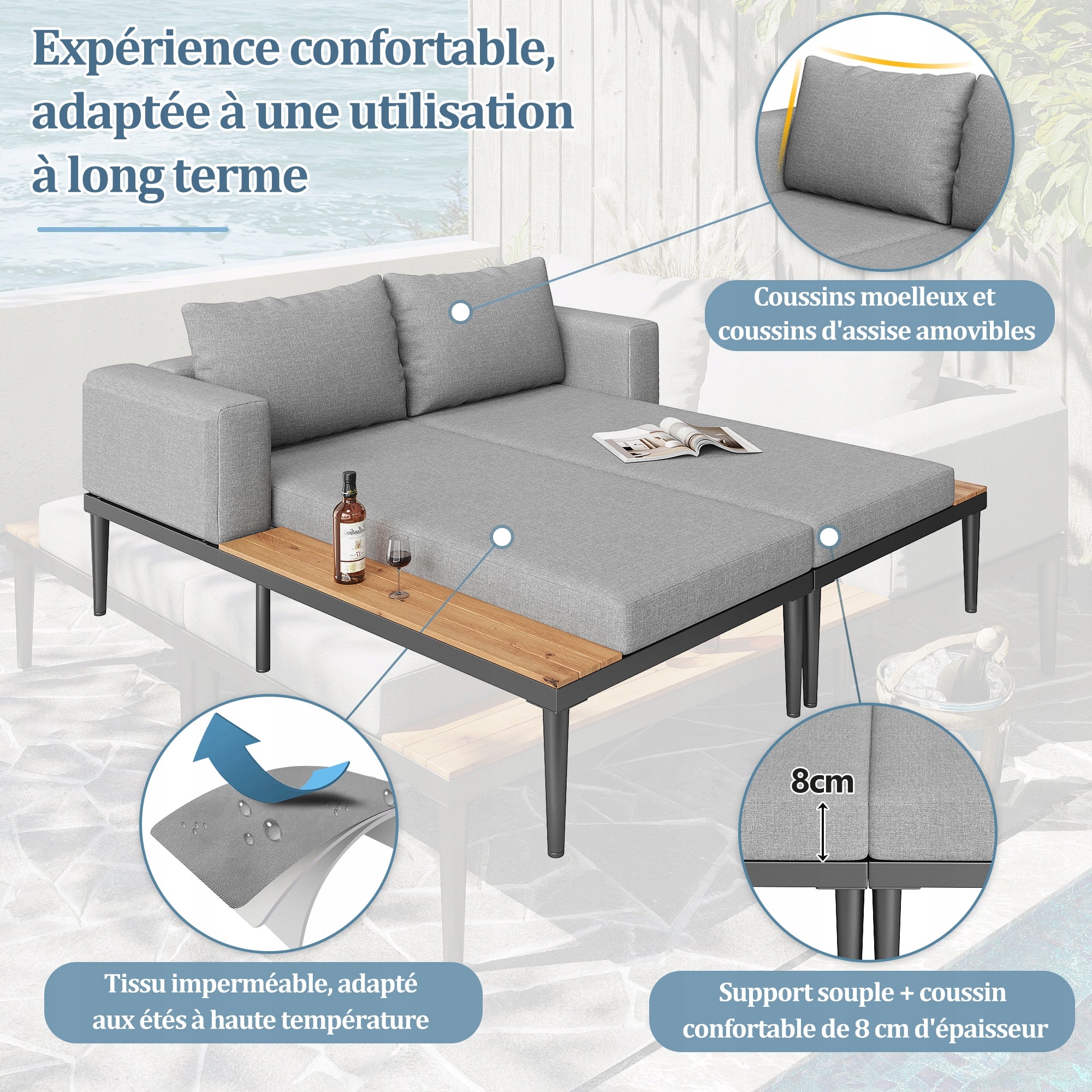 Outdoor Double Daybed with Shelves, Waterproof LoungeBed for Patio & Garden Color gray