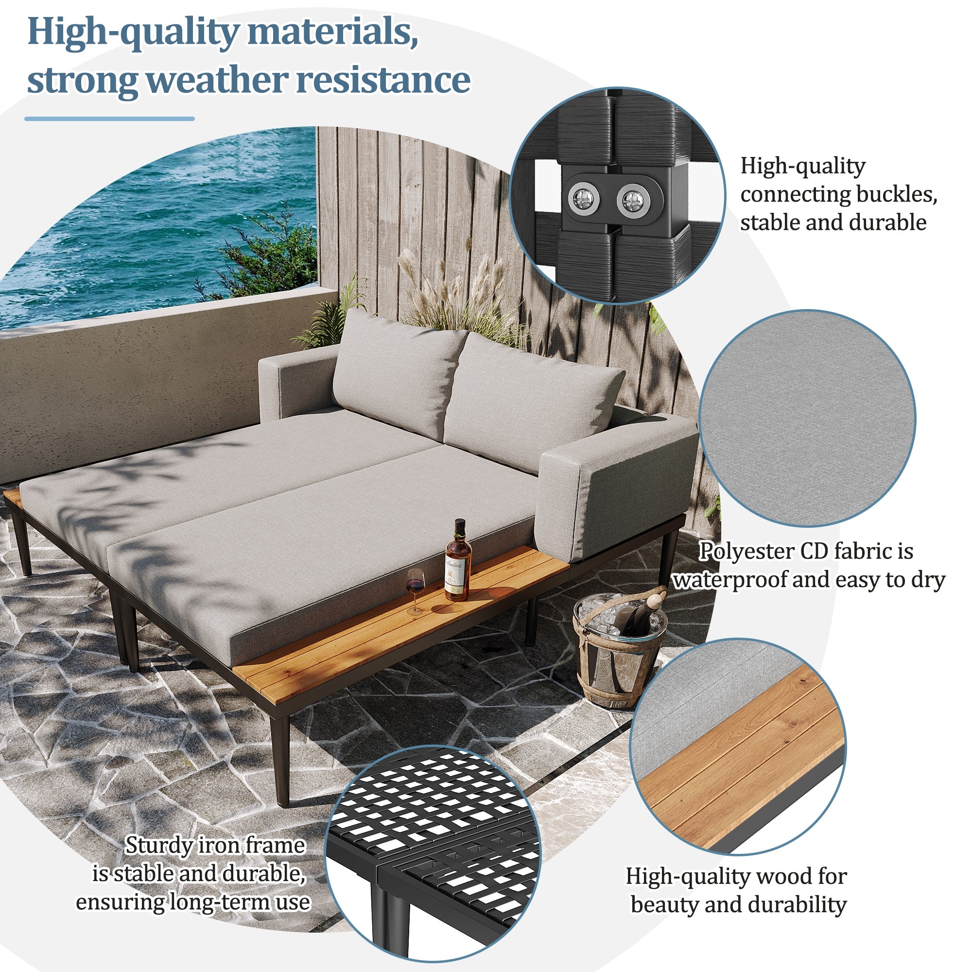 Outdoor Double Daybed with Shelves, Waterproof LoungeBed for Patio & Garden Length (longer side) 150 cm
