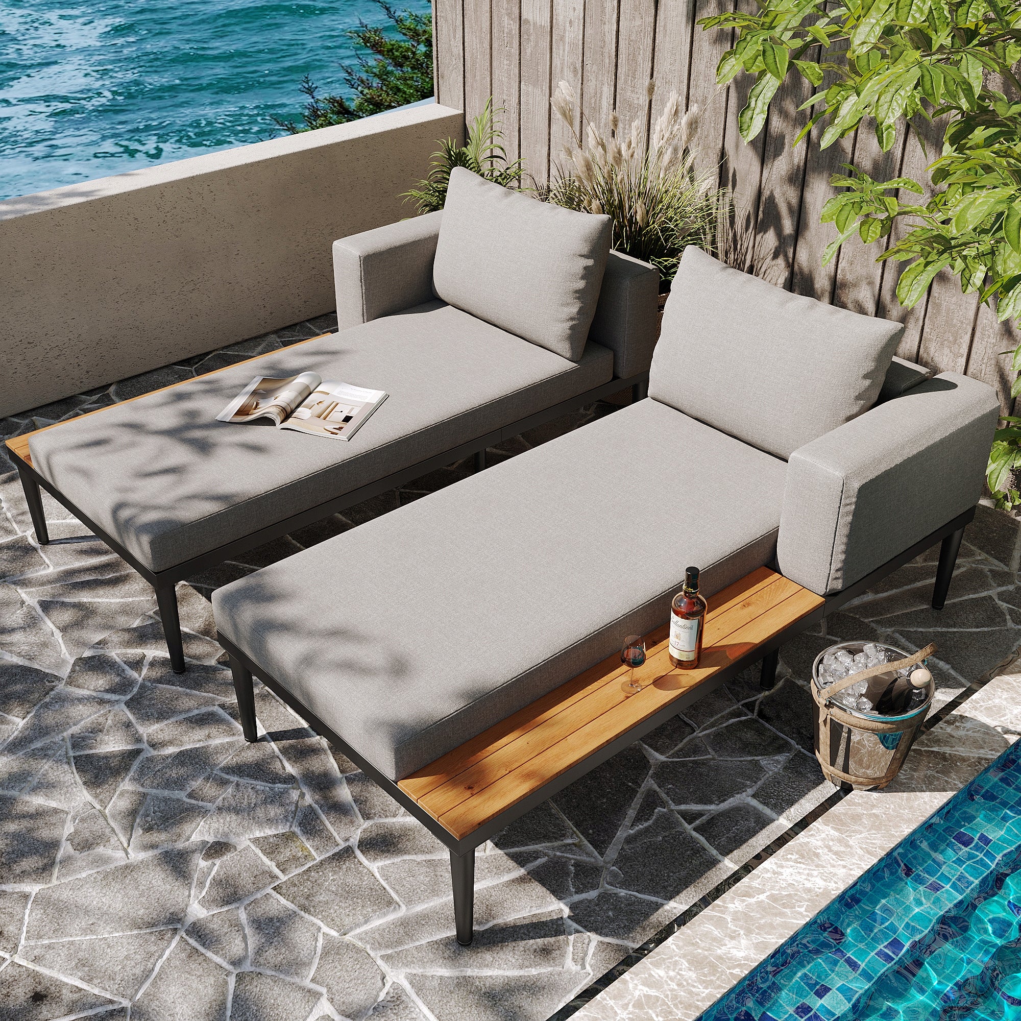 Outdoor Double Daybed with Shelves, Waterproof LoungeBed for Patio & Garden