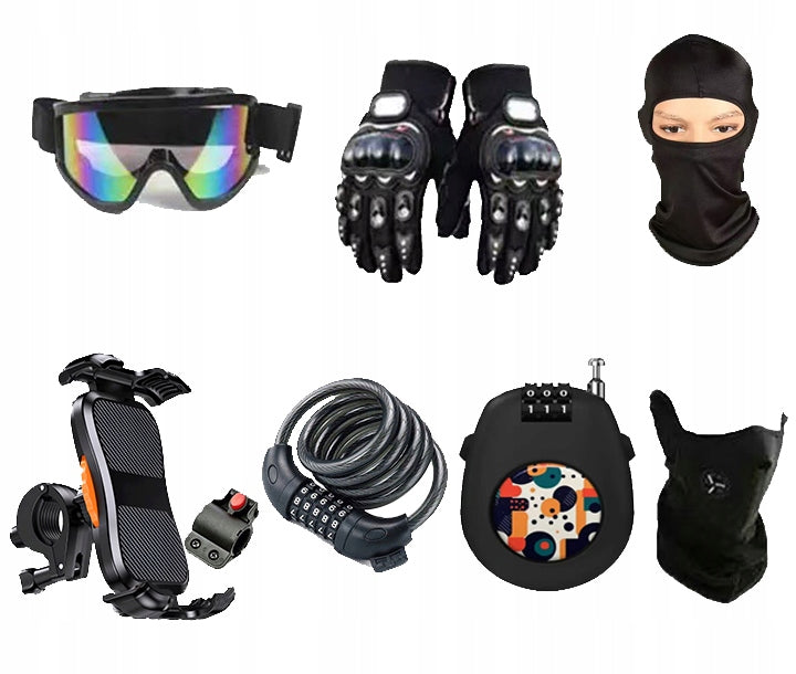 Outdoor cycling equipment: goggles + gloves + powers