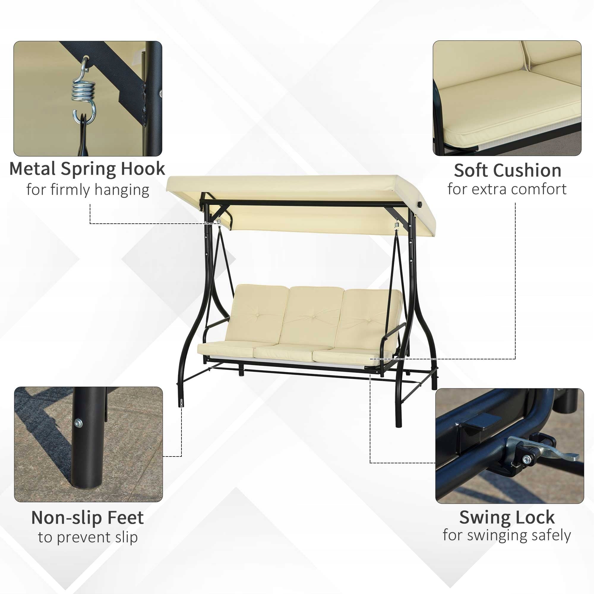 Outsunny 2-in-1 Garden Swing, 3-Person, with Reclining Function, Beige Seat width 104 cm