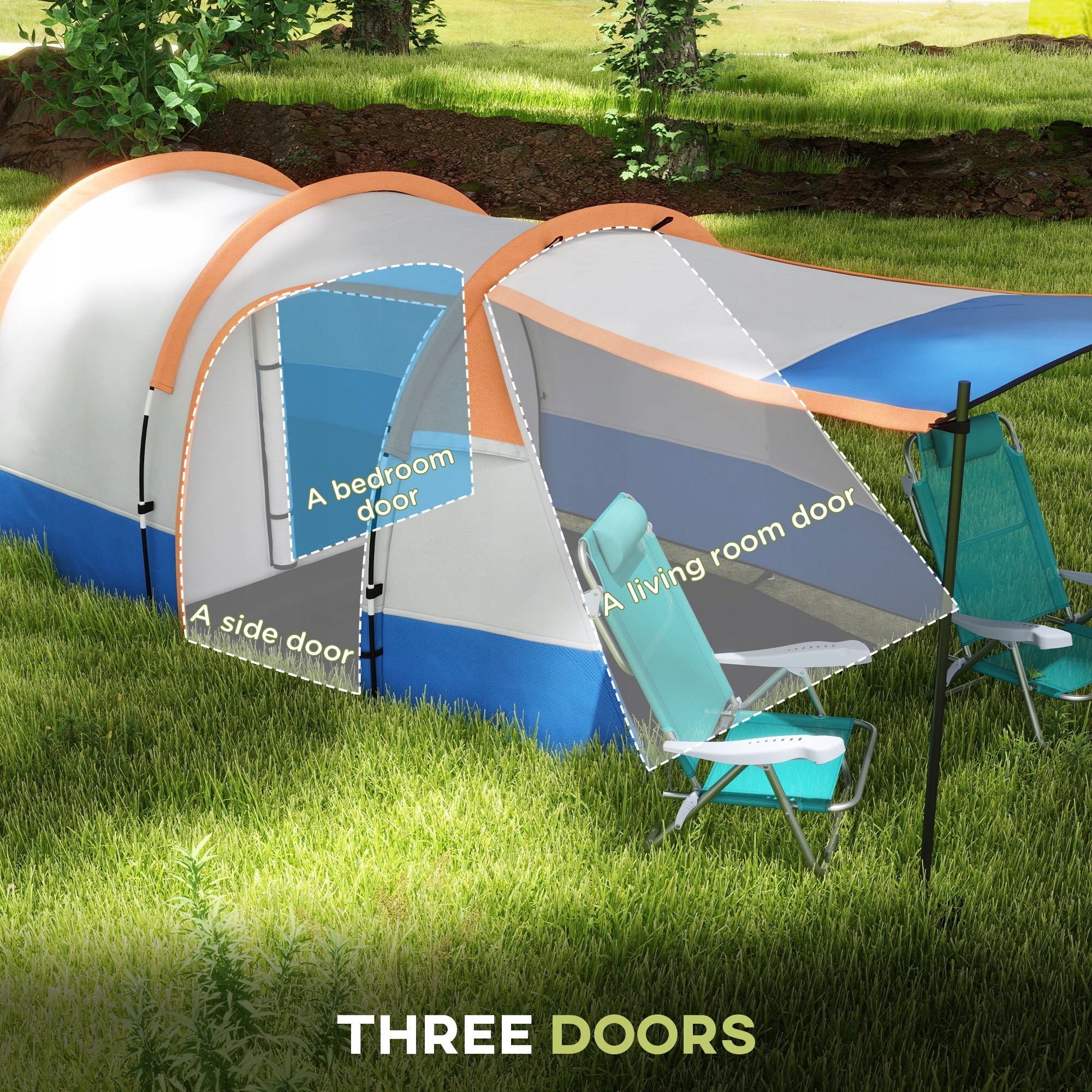 Outsunny 3-person tunnel tent with hook, vestibule, orange Kind travel