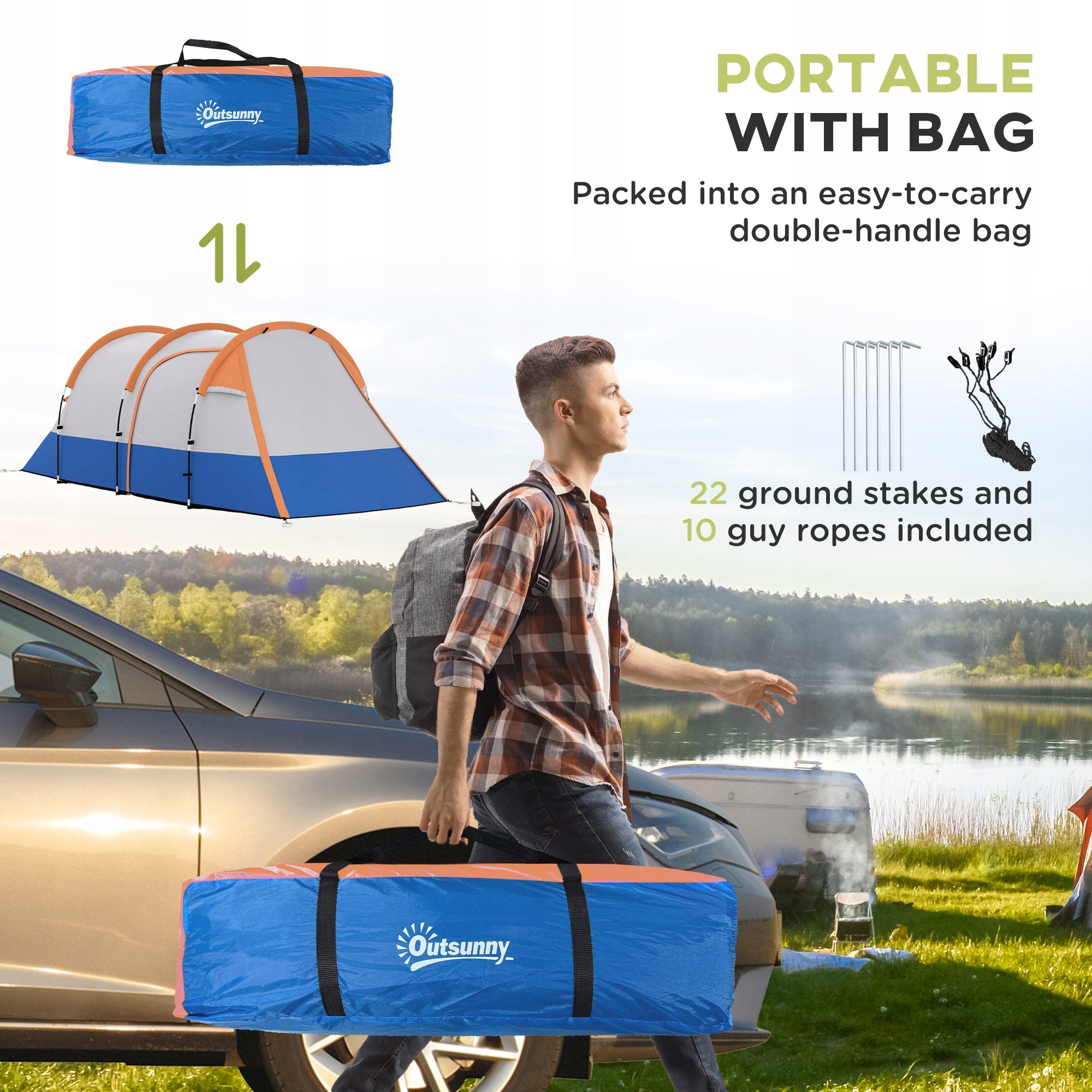 Outsunny 3-person tunnel tent with hook, vestibule, orange Number of people 3