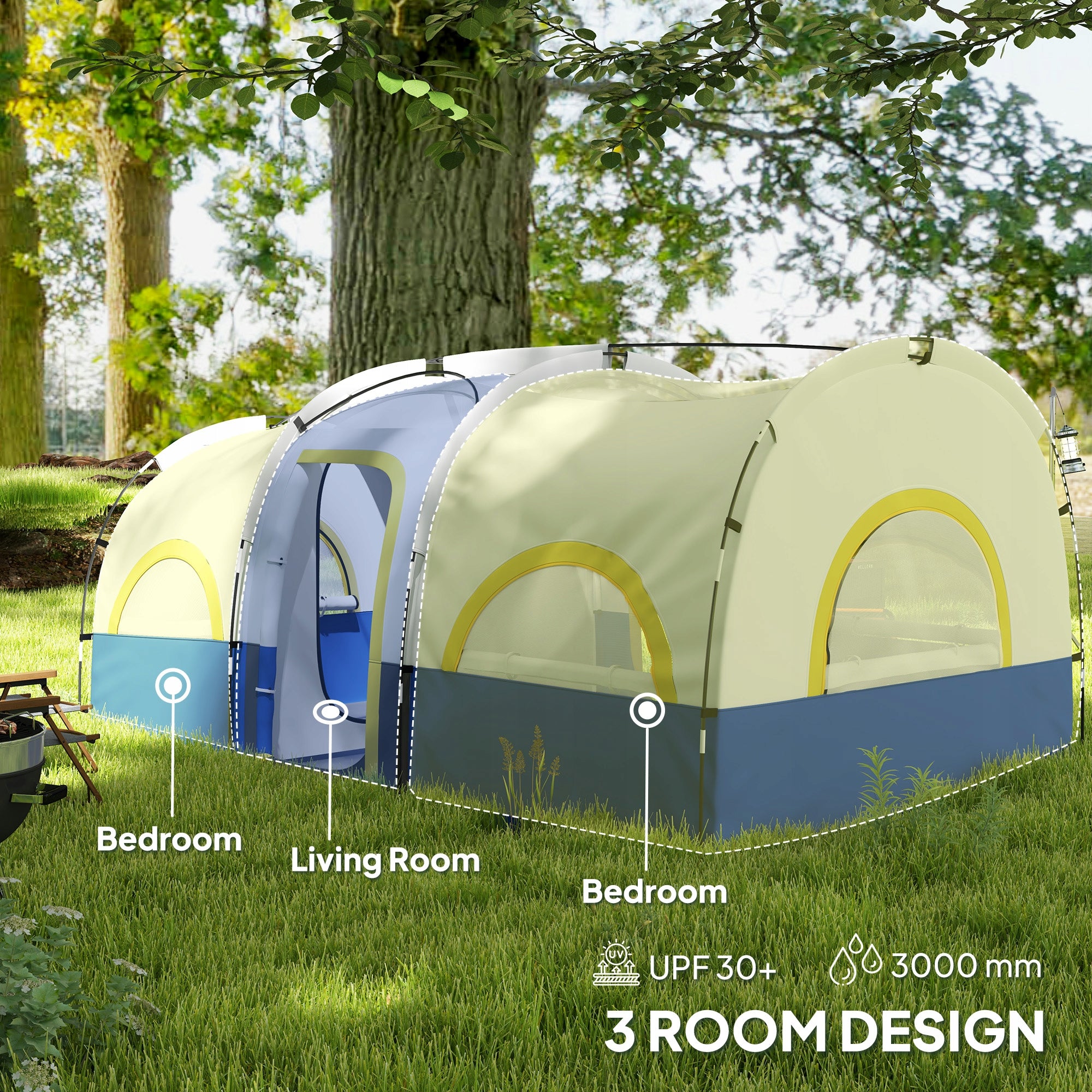 Outsunny 6-person tunnel tent, waterproof, 3 rooms, with net Brand Outsunny
