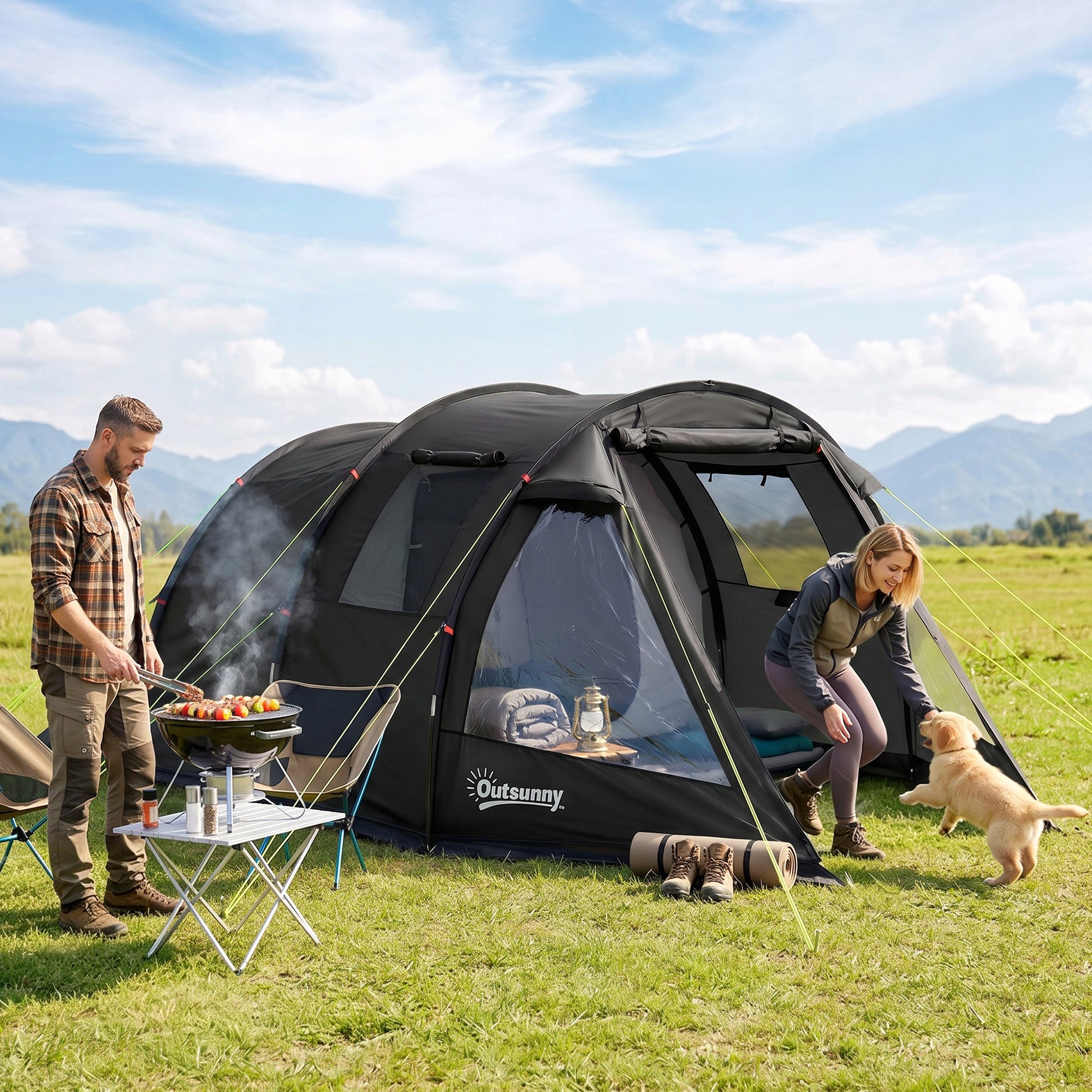 Outsunny Camping tent for 3-4 persons with 2 rooms, dome with windows Manufacturer code A20-285V00BK