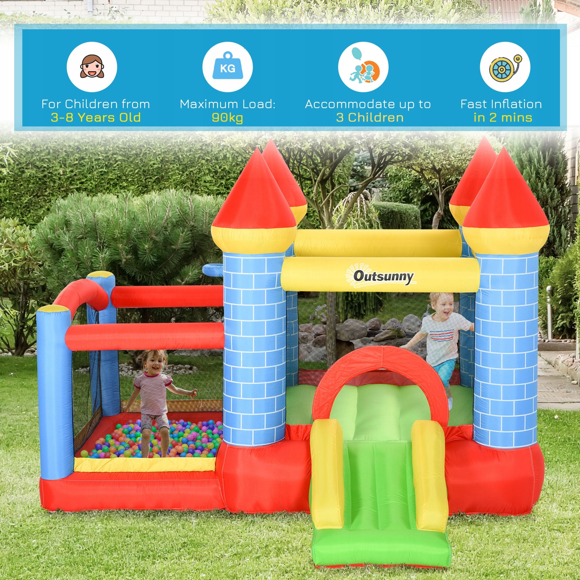 Outsunny Inflatable slide with swimming pool for 3 children, with fan Brand Outsunny
