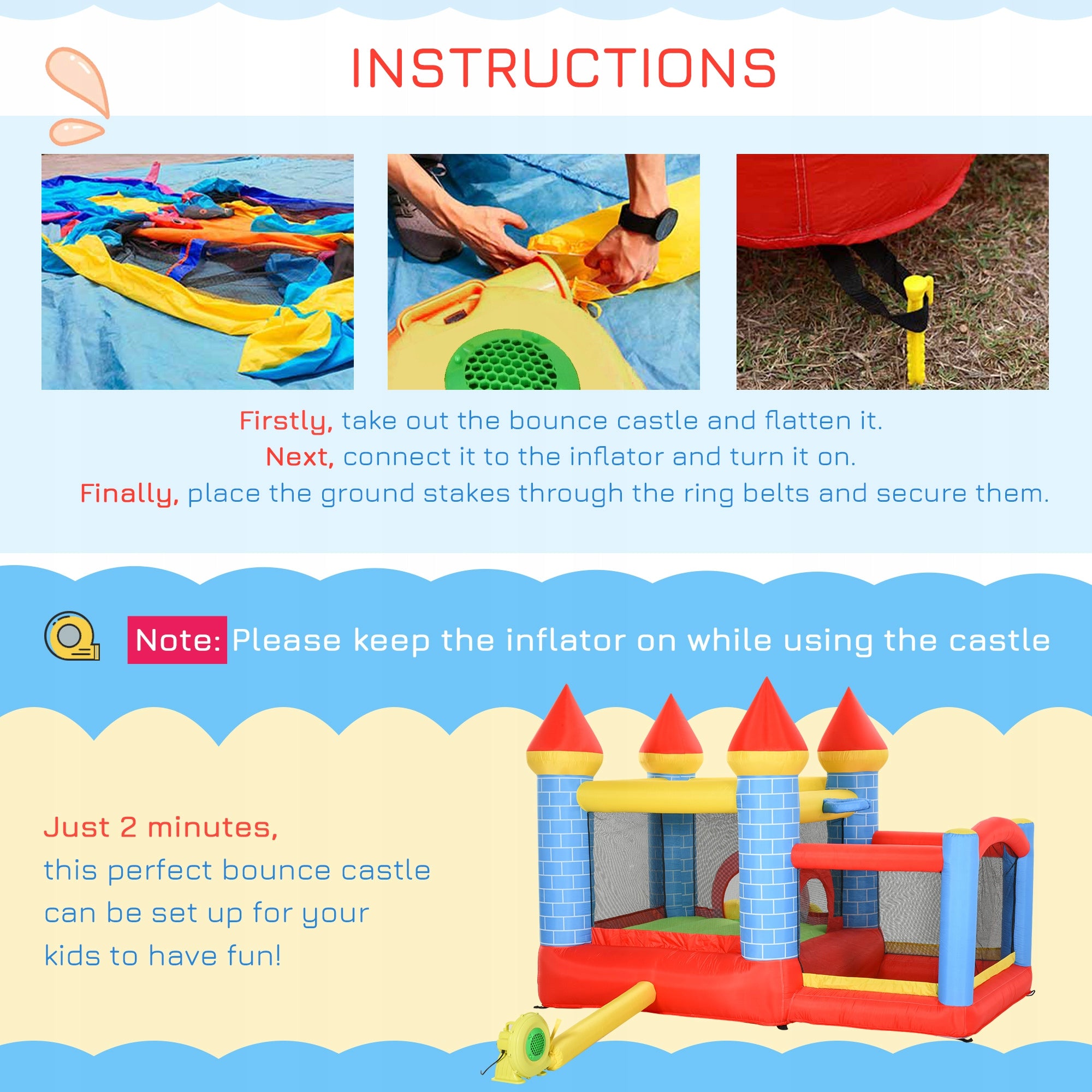 Outsunny Inflatable slide with swimming pool for 3 children, with fan Kid's age 3+ years
