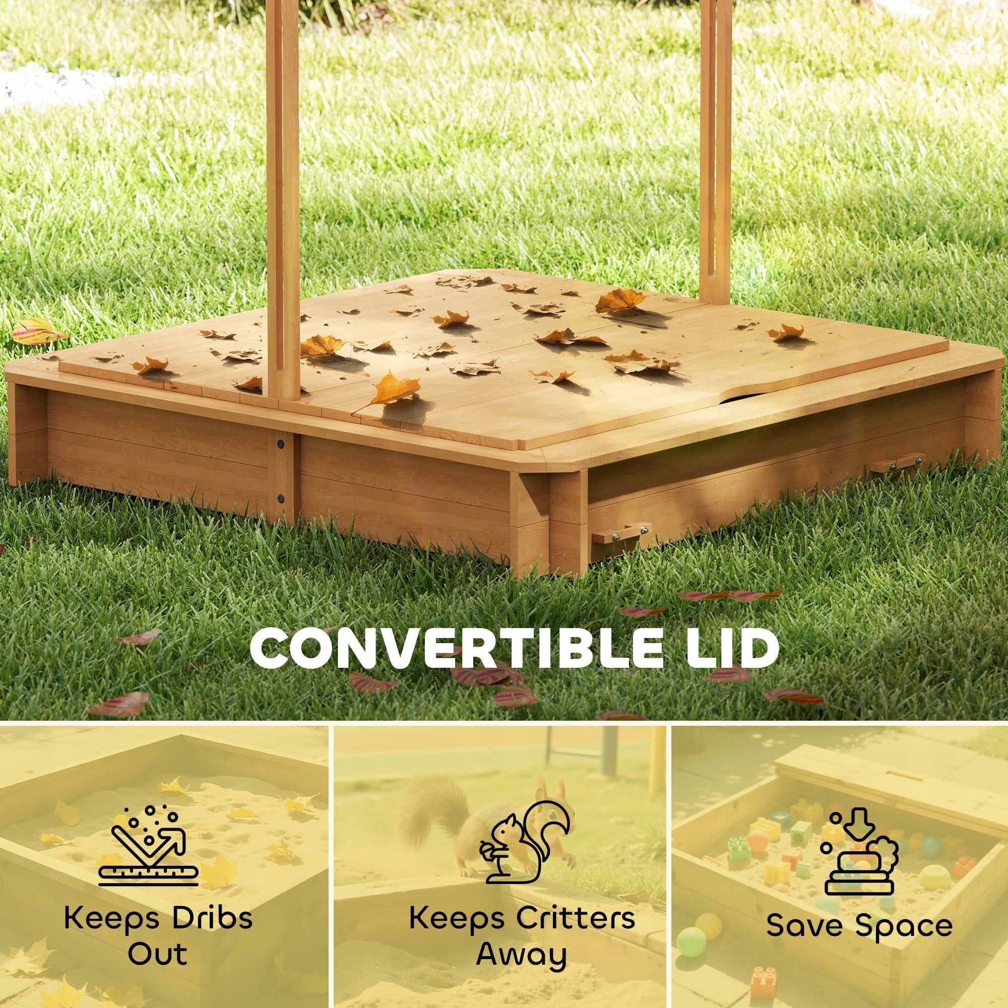 Outsunny Sandbox 106x106 cm for children with adjustable cover and benches Kid's age 3+ years