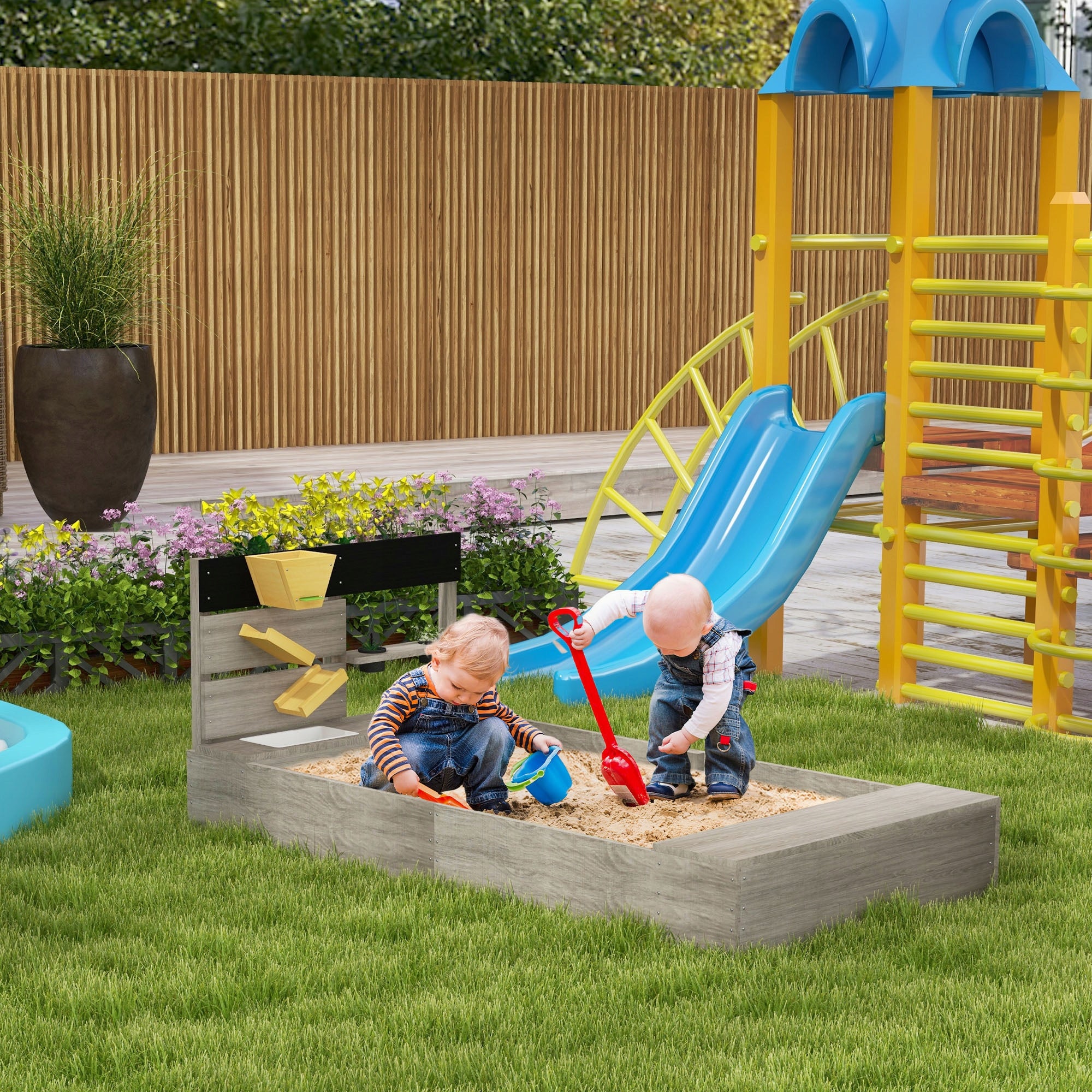 Outsunny Sandbox with kitchen, wooden, 154x80x60 cm, grey Kind wooden