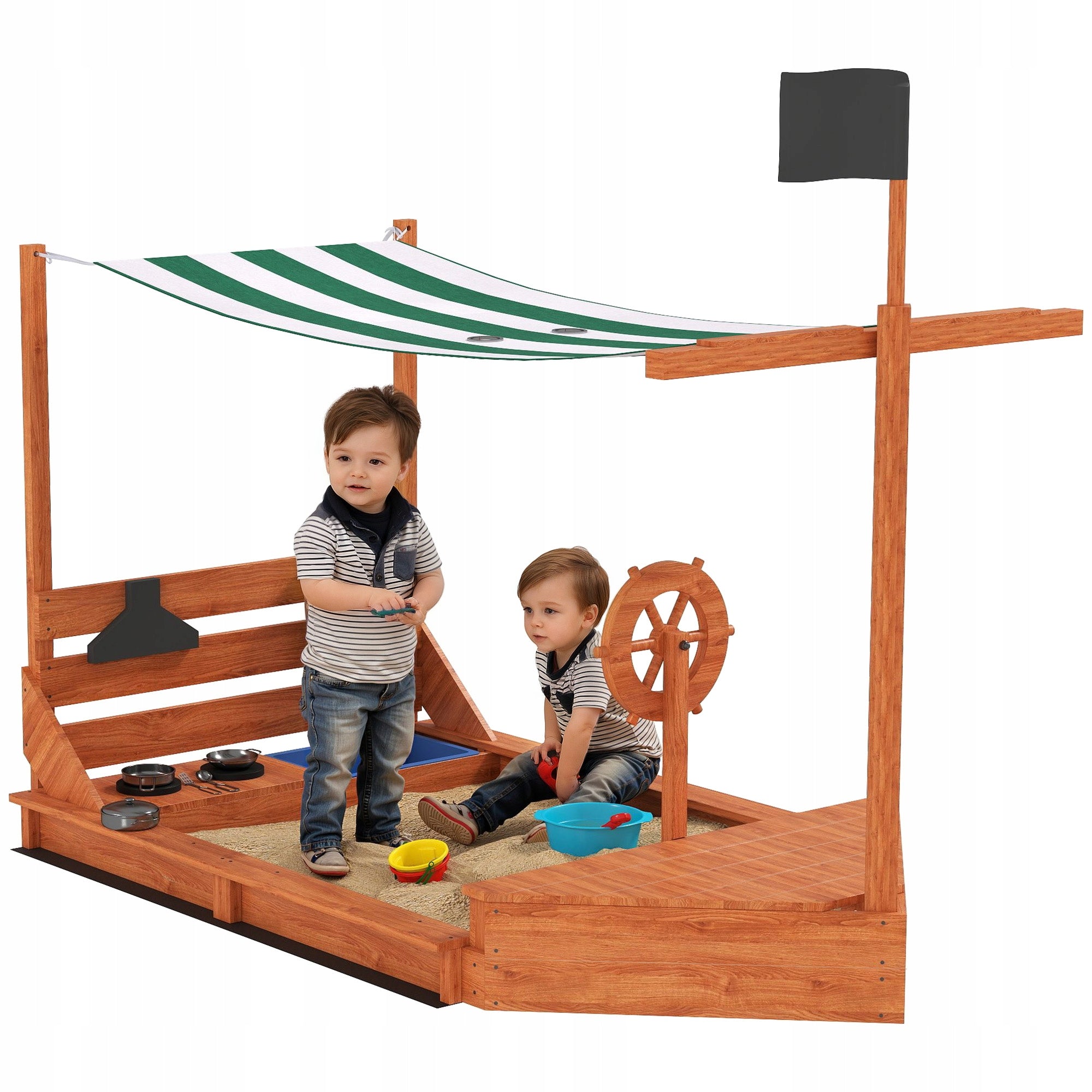 Outsunny Ship Shaped Wooden Sandbox, Green and White