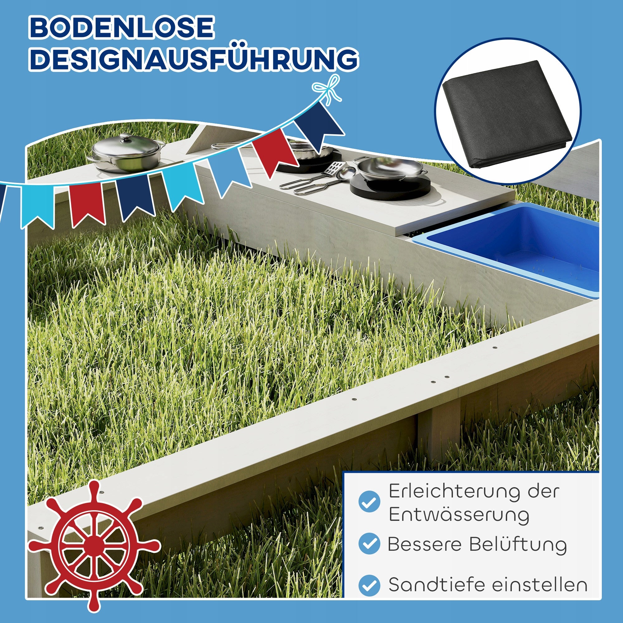 Outsunny Ship Shaped Wooden Sandbox, Grey Kind wooden