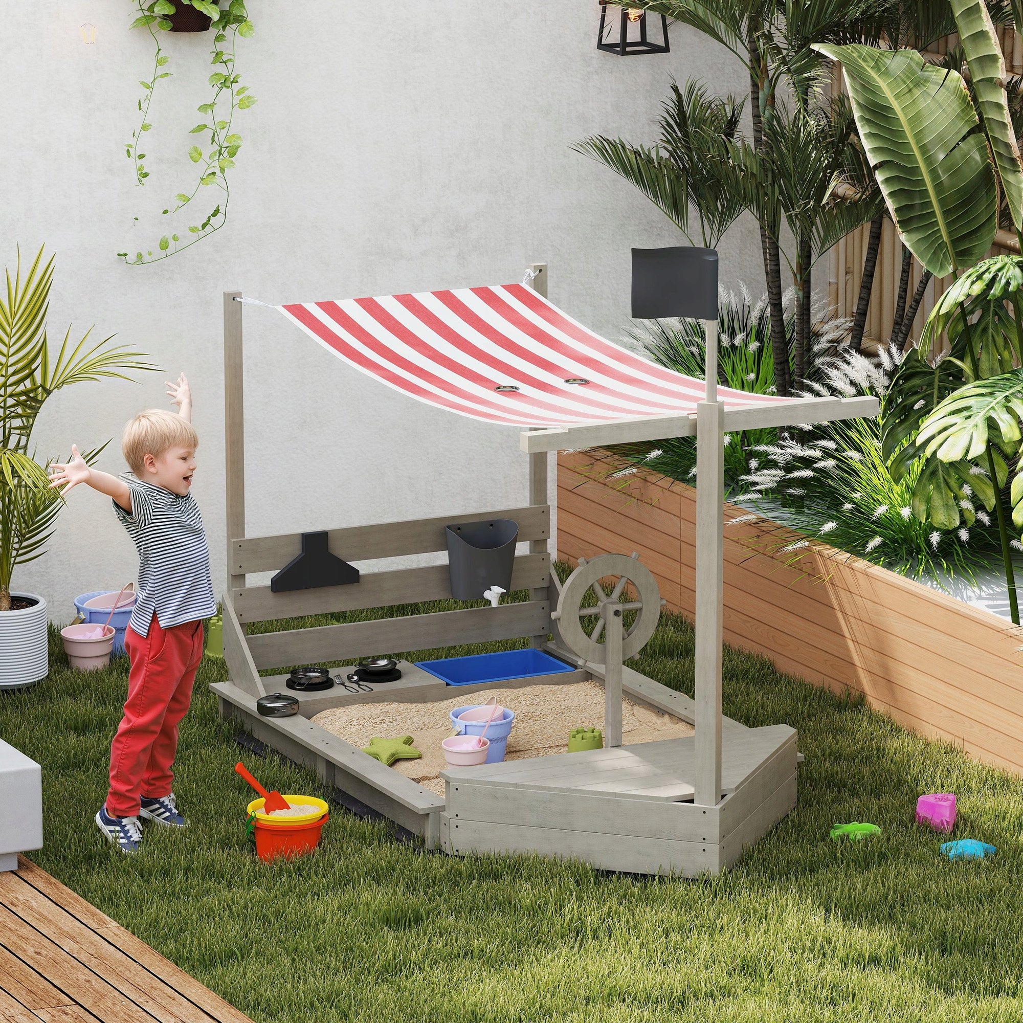 Outsunny Ship Shaped Wooden Sandbox, Grey Manufacturer code 343-061V00GY