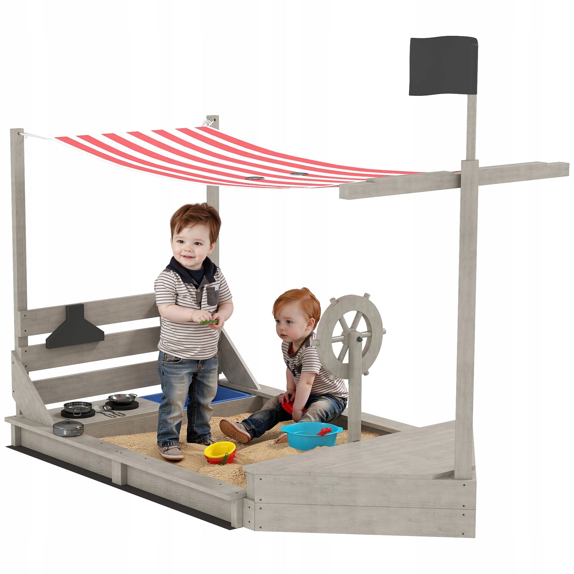 Outsunny Ship Shaped Wooden Sandbox, Grey