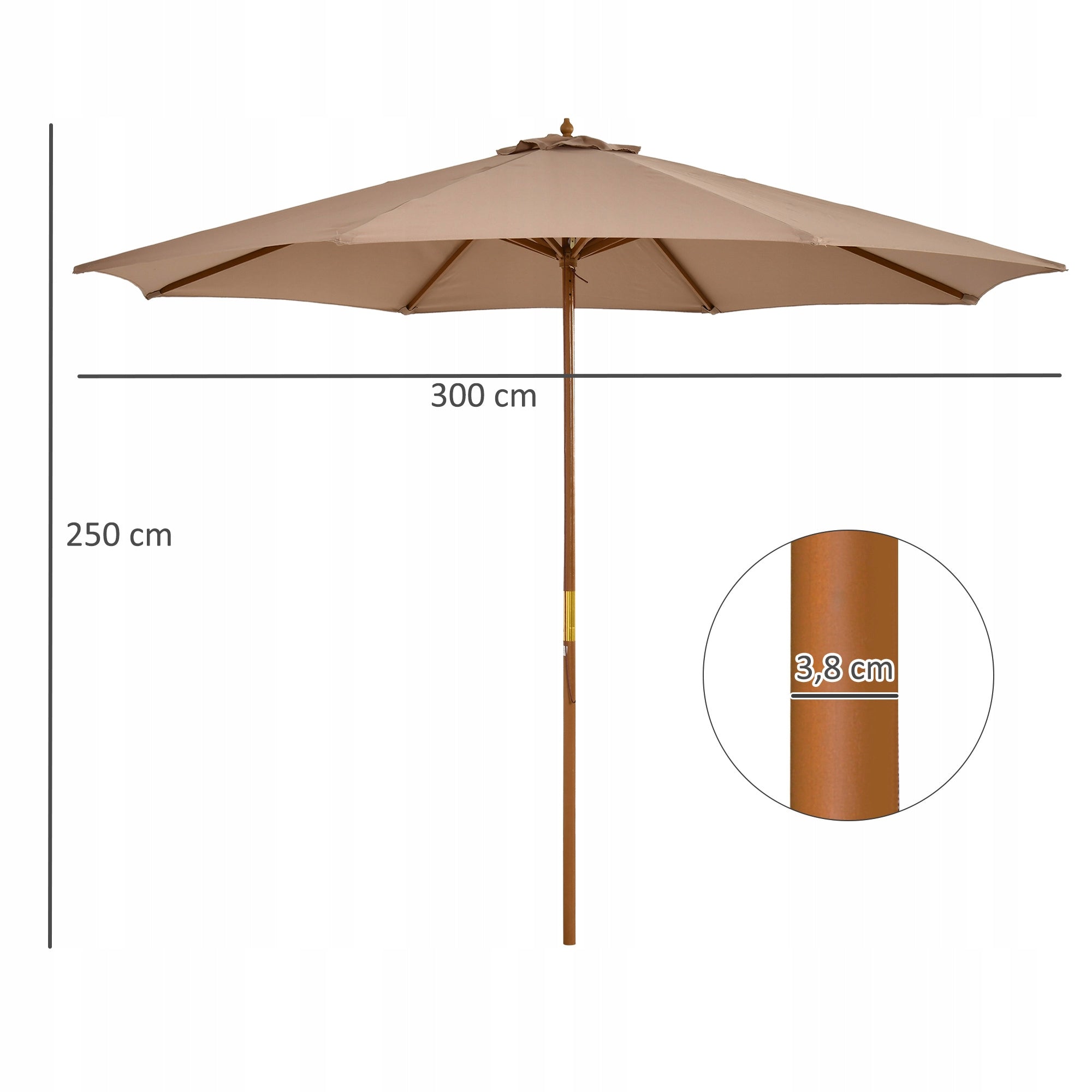 Outsunny Wooden garden umbrella 300 x 300 x 250 cm, khaki Color brown