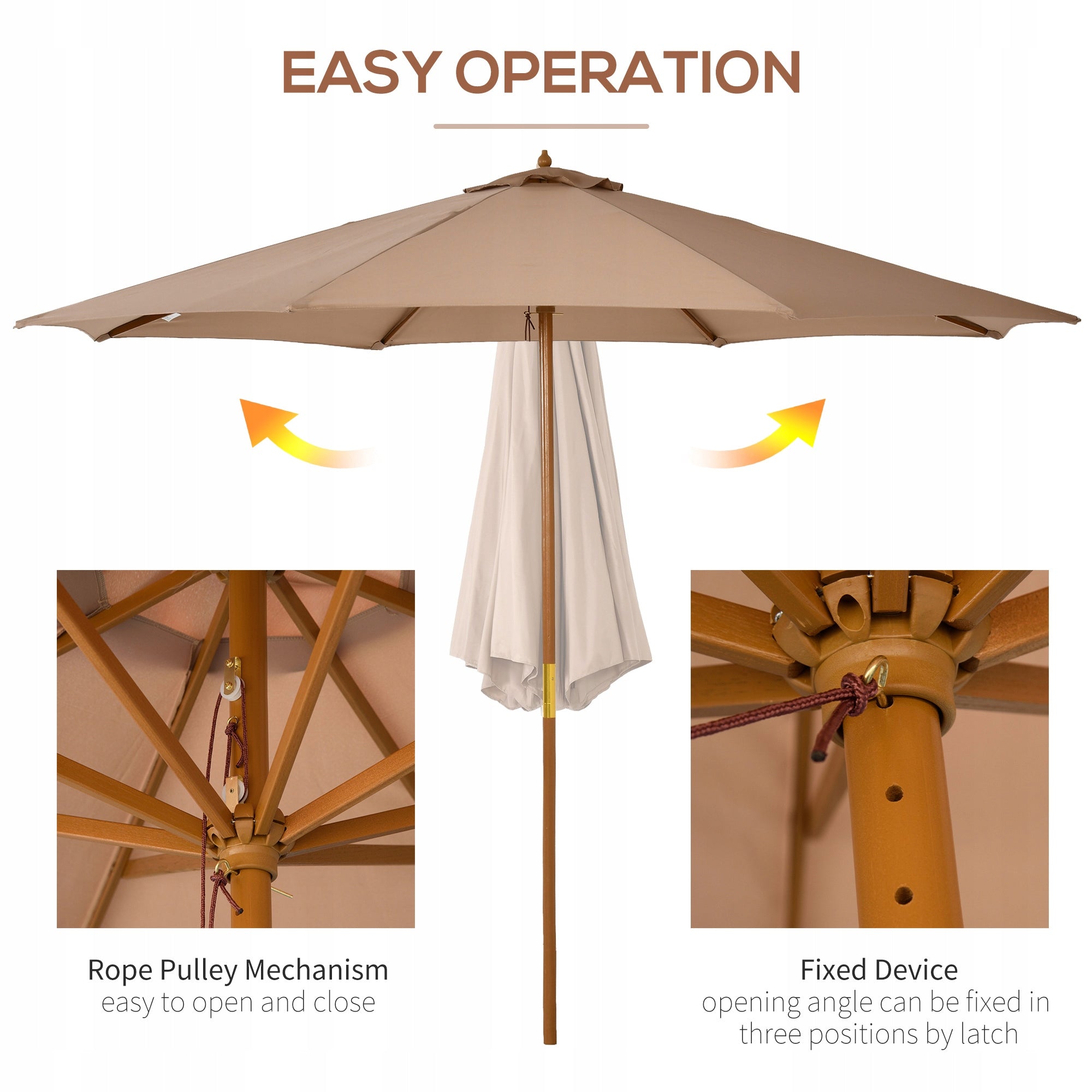 Outsunny Wooden garden umbrella 300 x 300 x 250 cm, khaki Diameter/width 300 cm