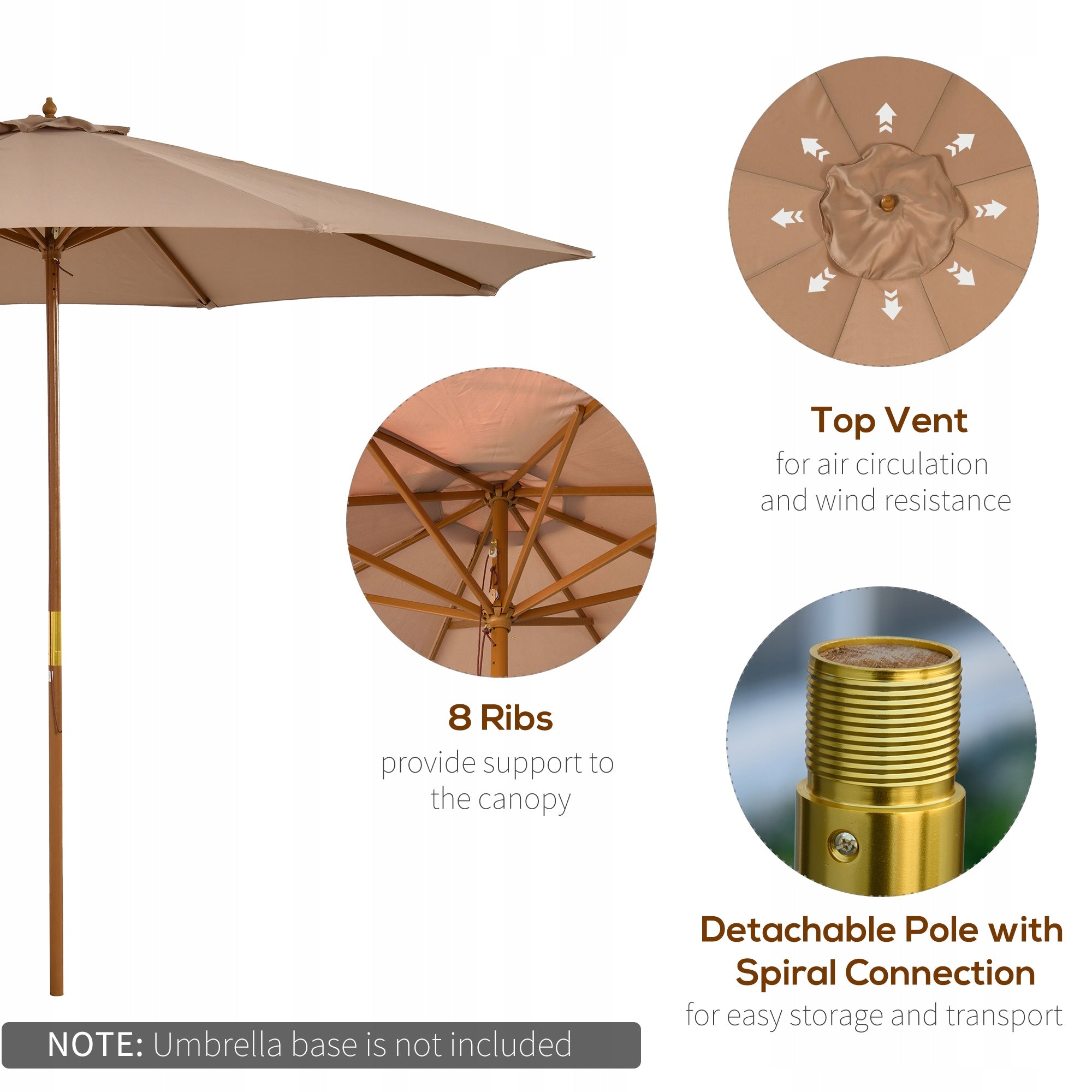 Outsunny Wooden garden umbrella 300 x 300 x 250 cm, khaki Product height 250 cm
