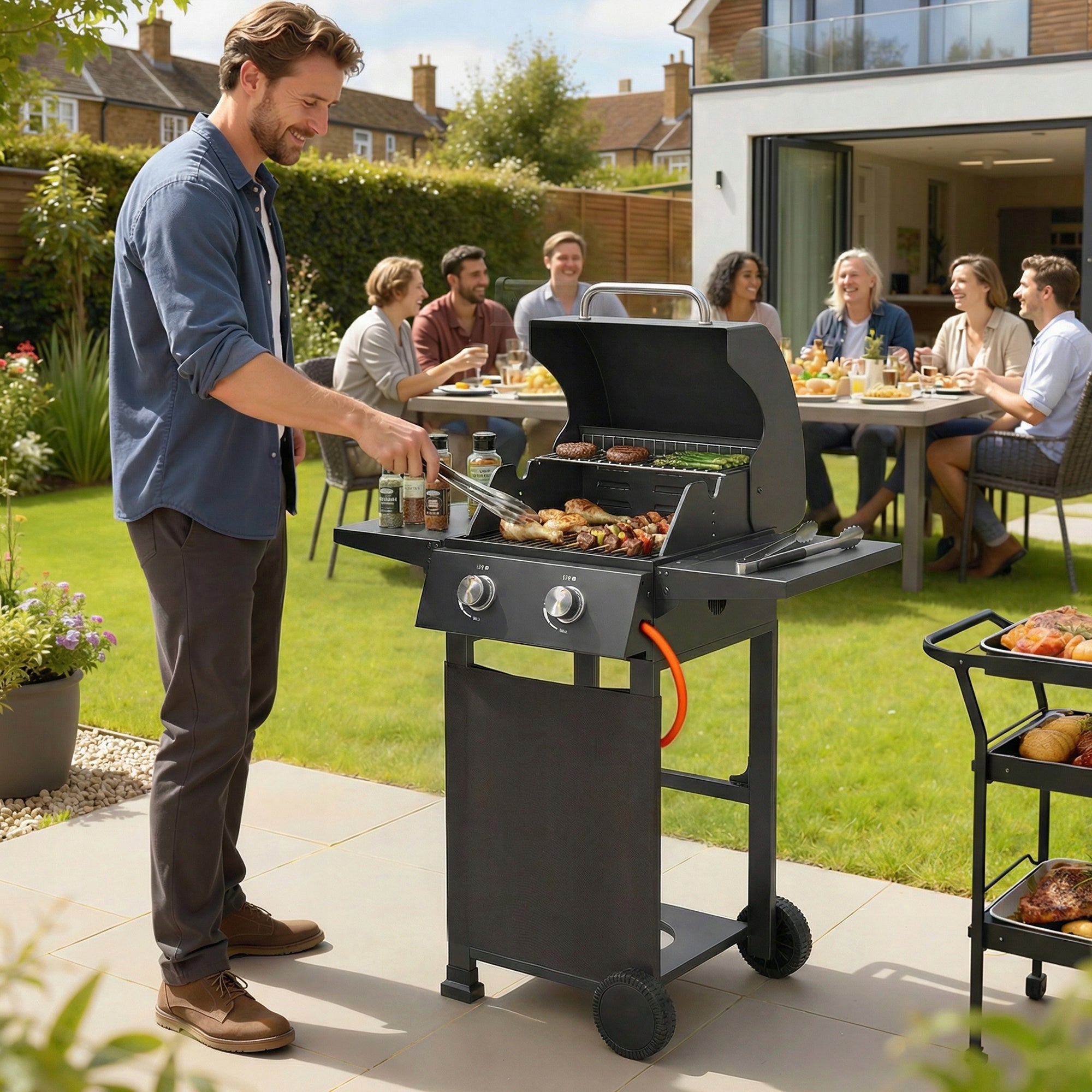 Outsunny gas grill 5,4 kW 2 burners trolley BBQ folding side shelves Packaging status original