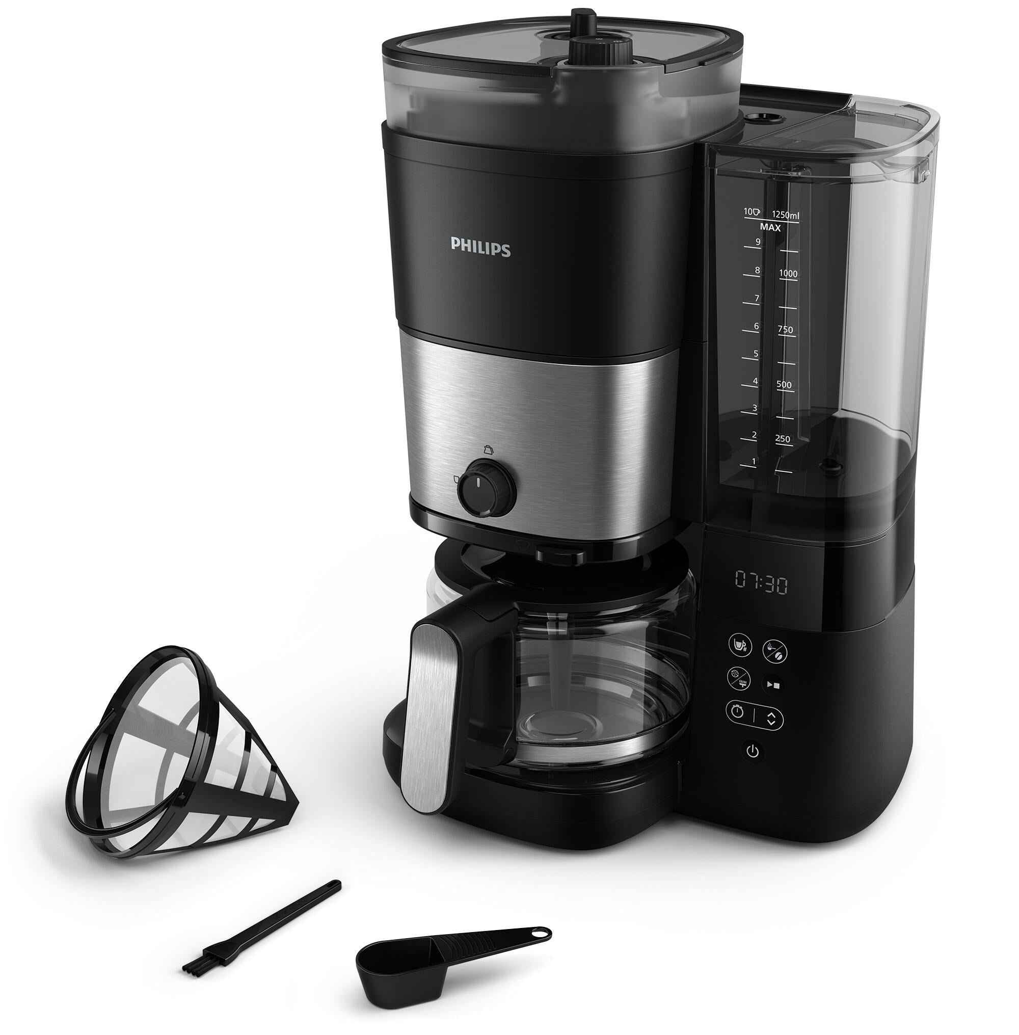 Overflow coffee maker Philips black 1,25 l with built-in grinder Manufacturer code 8720389024788