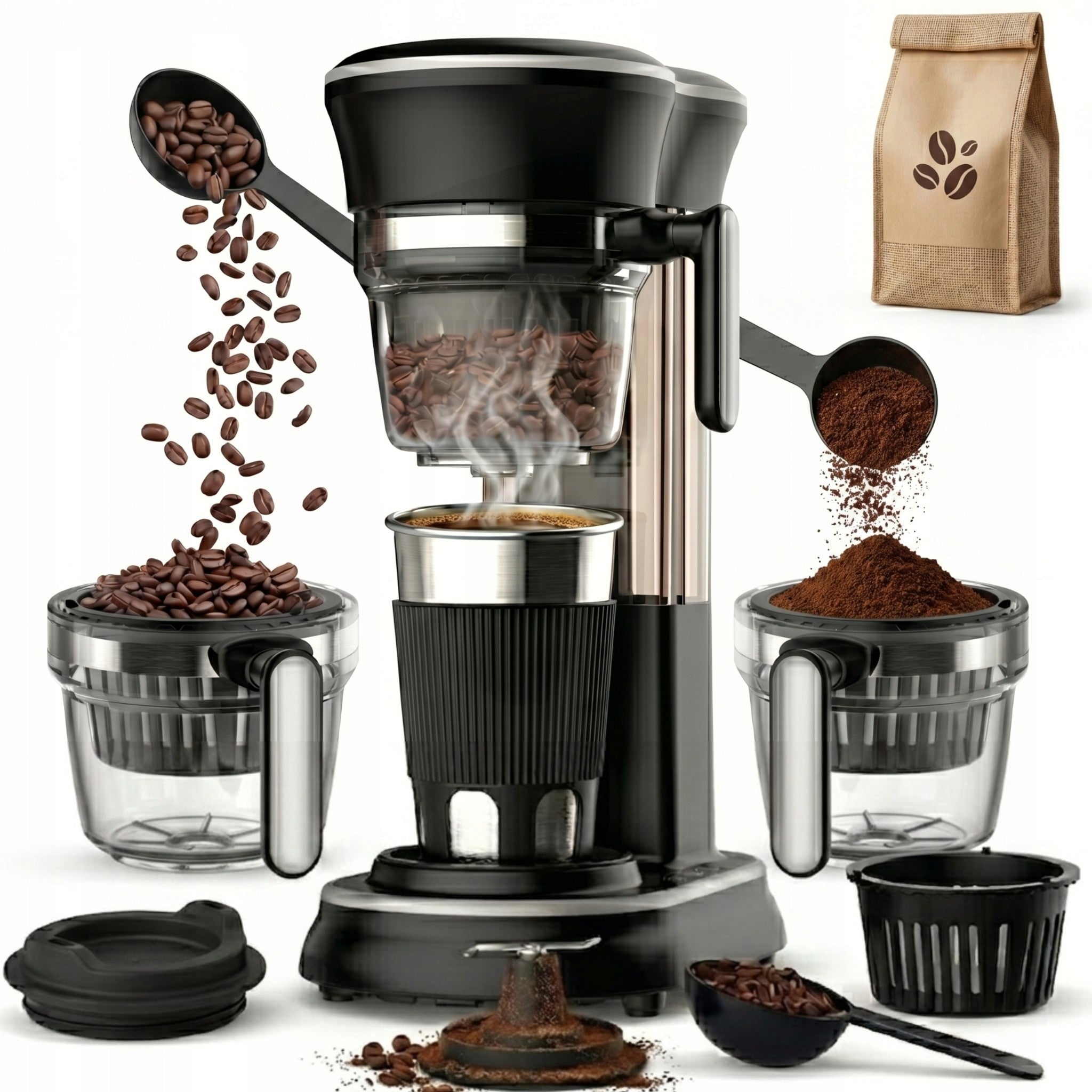 Overflow coffee maker with coffee grinder 450 ml reusable filter 600W cup
