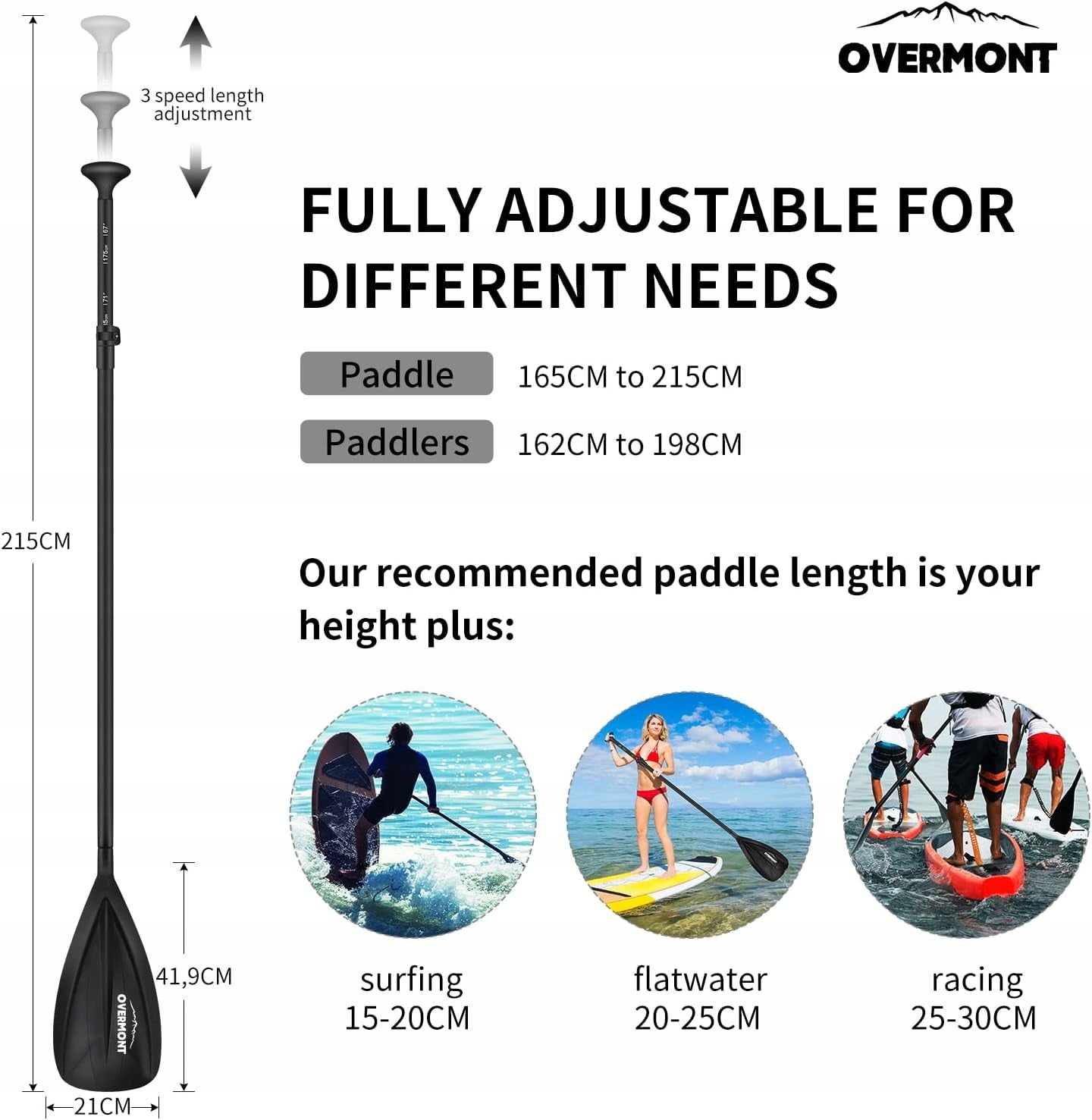 Overmont Aluminum Alloy Pagaj SUP Paddle 3-Piece Adjustable Paddle Brand Overmont