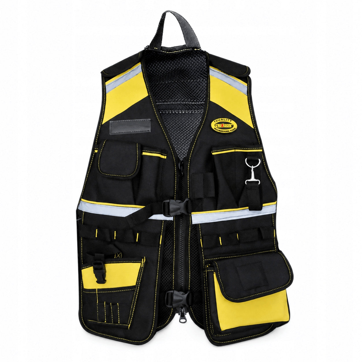 Oxford Reflective Work Tool Vest with Pockets Yellow-Black Additional features key hook open pockets Velcro pockets Zippered pockets adjustable diameter hammer holder