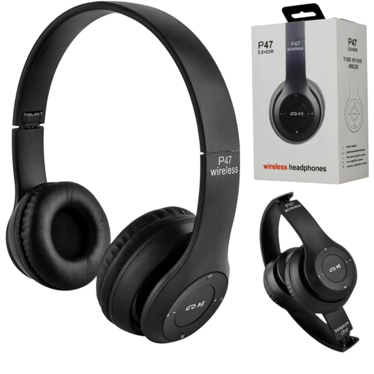 P47 Bluetooth On-Ear Headphones with Microphone and SD Card Reader Black Packaging status original