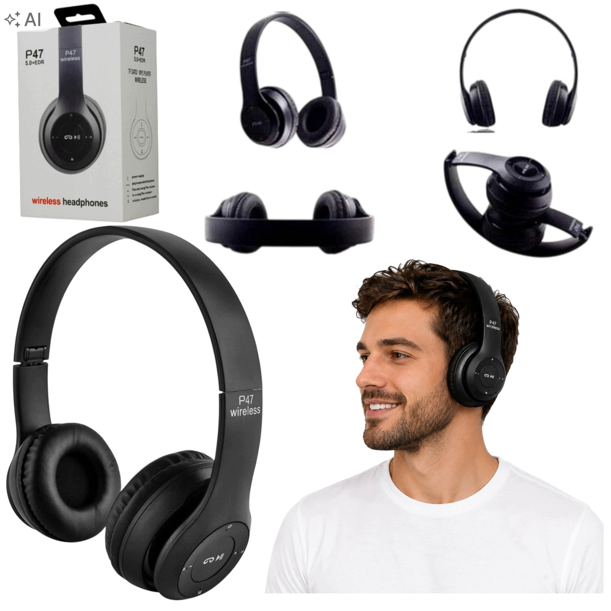 P47 Bluetooth On-Ear Headphones with Microphone and SD Card Reader Black