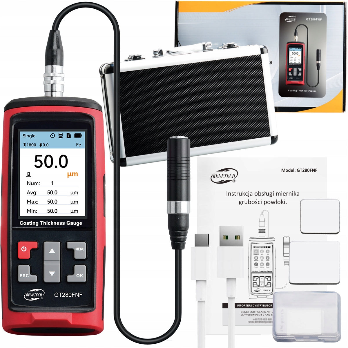 PAINT COATING THICKNESS GAUGE STEEL ALUMINUM WIRED PROBE LCD USB-C