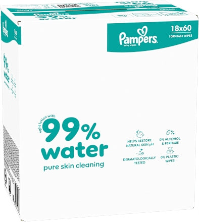 PAMPERS AQUA WATER WET WIPES 99% WATER FOR CHILDREN 18 x 60 pcs. Brand Pampers