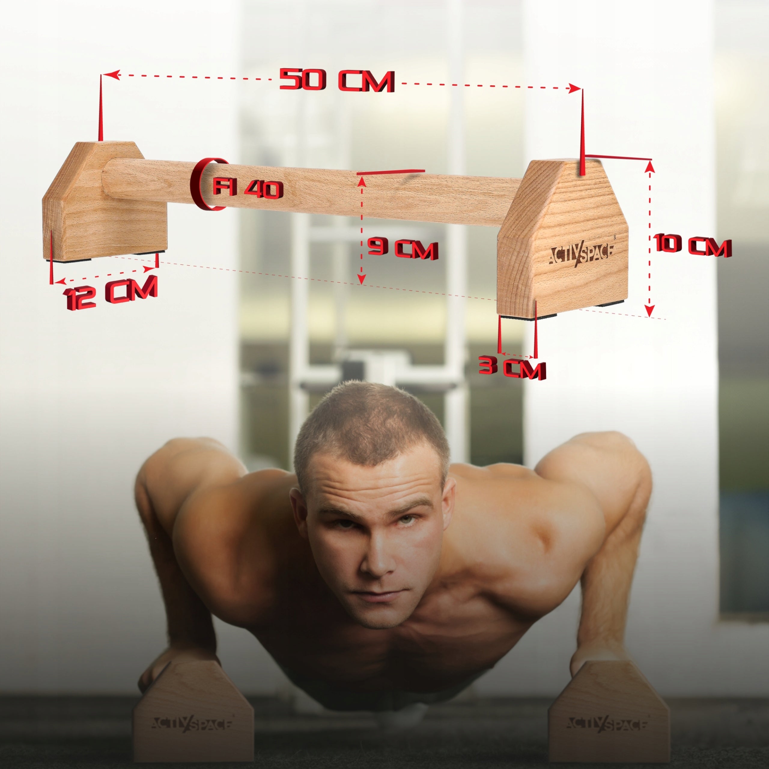 PARALETTES WOODEN HANDLES FOR PUSH-UPS CALISTHENICS LONG STRONG 50CM ACTIV Height 10 cm