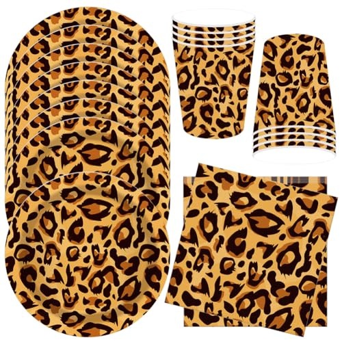 PARTY UTENSILS LEOPARD PAPER PLATES CUPS FOR BIRTHDAY 8 PEOPLE Brand no brand