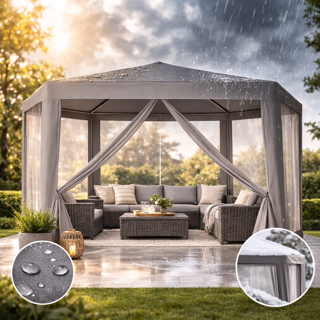 PAVILION GARDEN TENT GAZEBO WITH MOSQUITO NET WATERPROOF 4X4m 6 WALLS Length 4 m