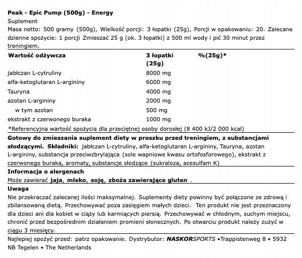 PEAK Epic Pump Energy PRE-WORKOUT WITHOUT STIMULANTS Fresh Berry Packaging status original