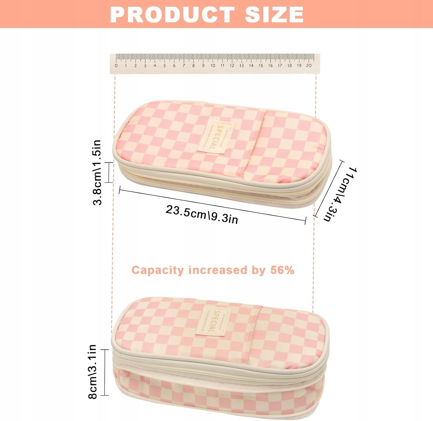 PENCIL CASE LARGE PINK CHECKERED SCHOOL PRACTICAL ROOMY ORGANIZER Brand no brand