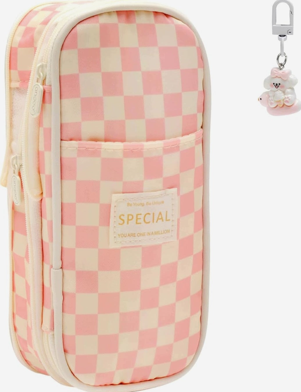 PENCIL CASE LARGE PINK CHECKERED SCHOOL PRACTICAL ROOMY ORGANIZER