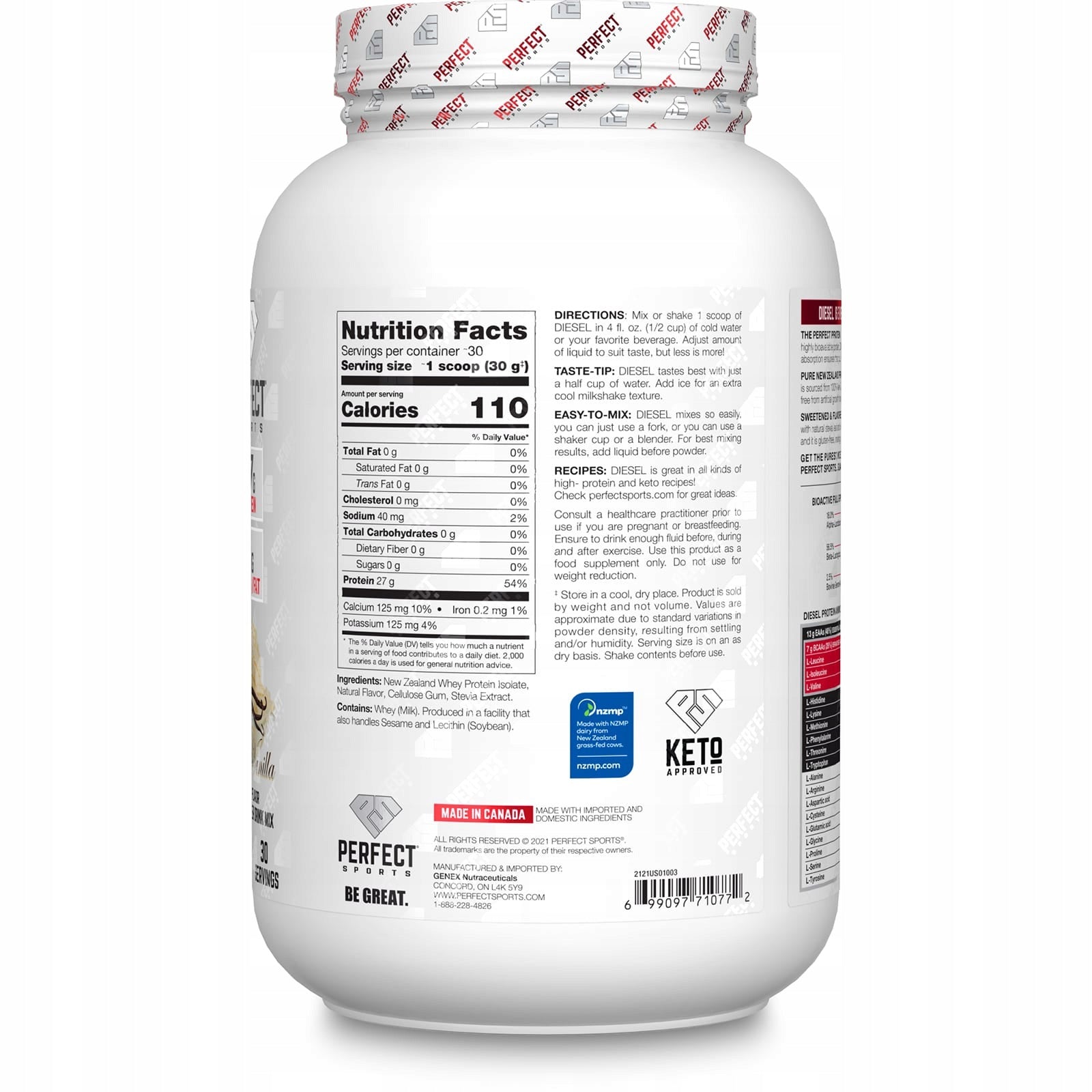 PERFECT Sports, Diesel, New Zealand whey isolate, French vanilla, Expiration date at least 3 months from the date of purchase
