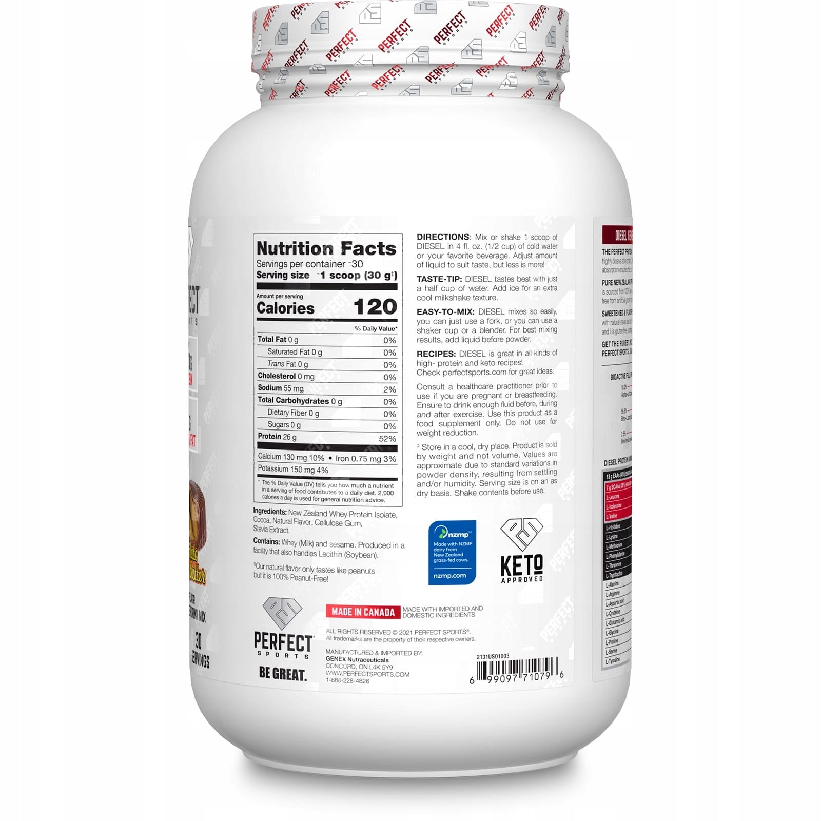 PERFECT Sports, Diesel, New Zealand whey isolate, chocolate butter or Expiration date at least 3 months from the date of purchase