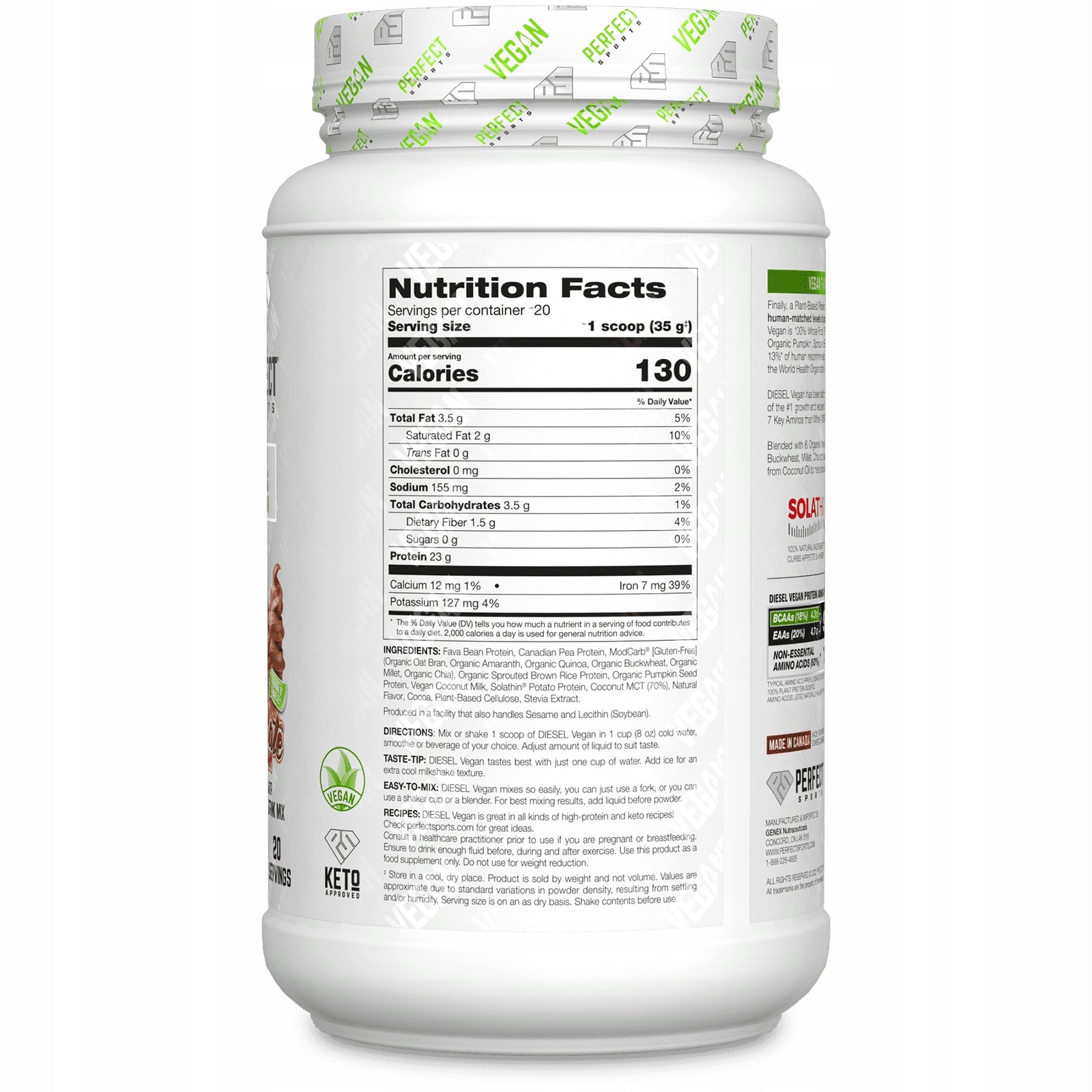 PERFECT Sports, Vegan Diesel, 100% vegetable protein blend, chocolate ice cream Expiration date at least 3 months from the date of purchase