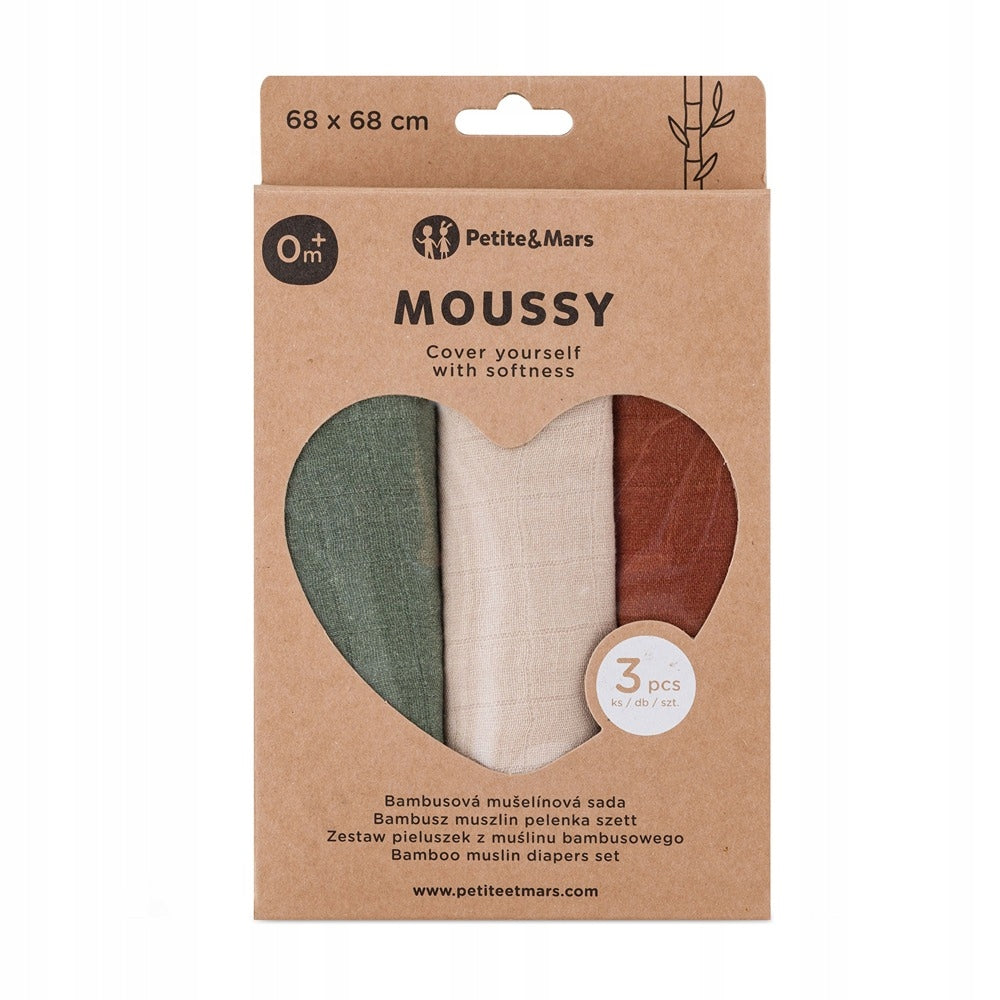 PETITE&MARS Bamboo muslin diapers 3 pcs Moussy Earth Tones Packaging status original